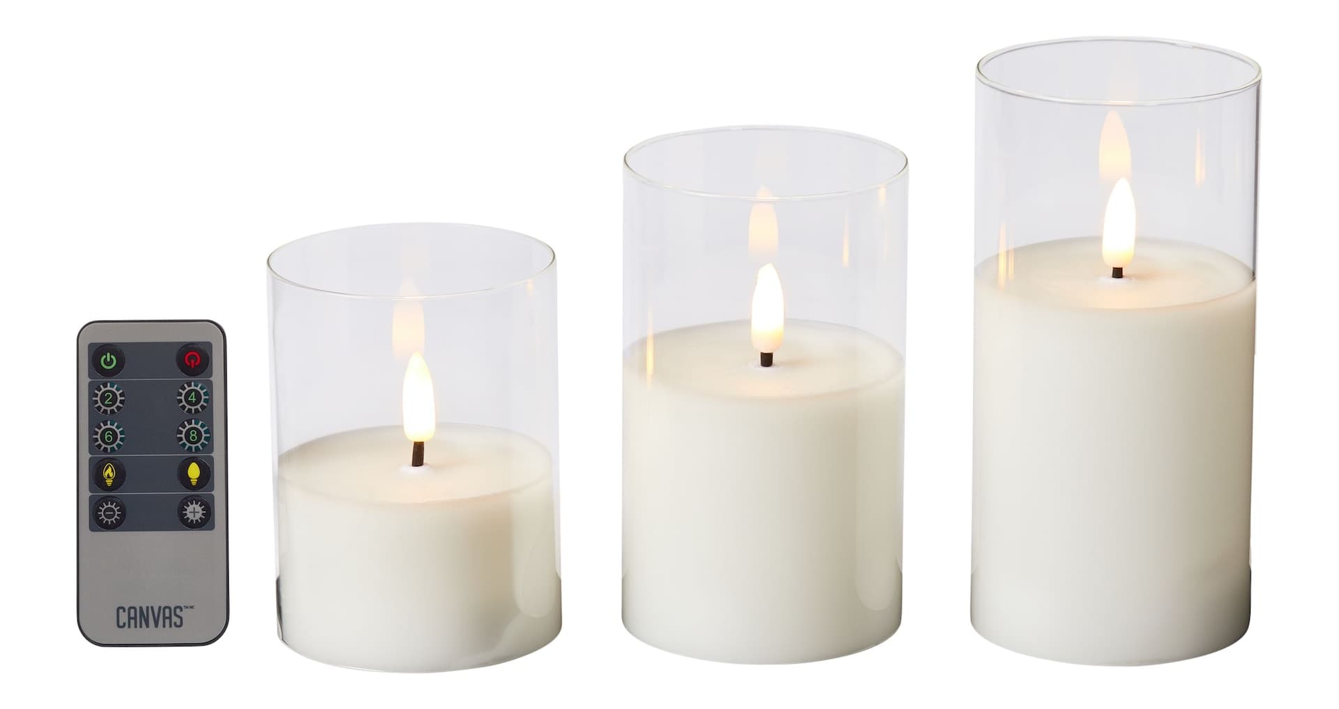 CANVAS Tabletop Christmas Decoration Battery-Operated Clear Glass Flameless LED Candle Set with Remote & Timer, White, 3-pk