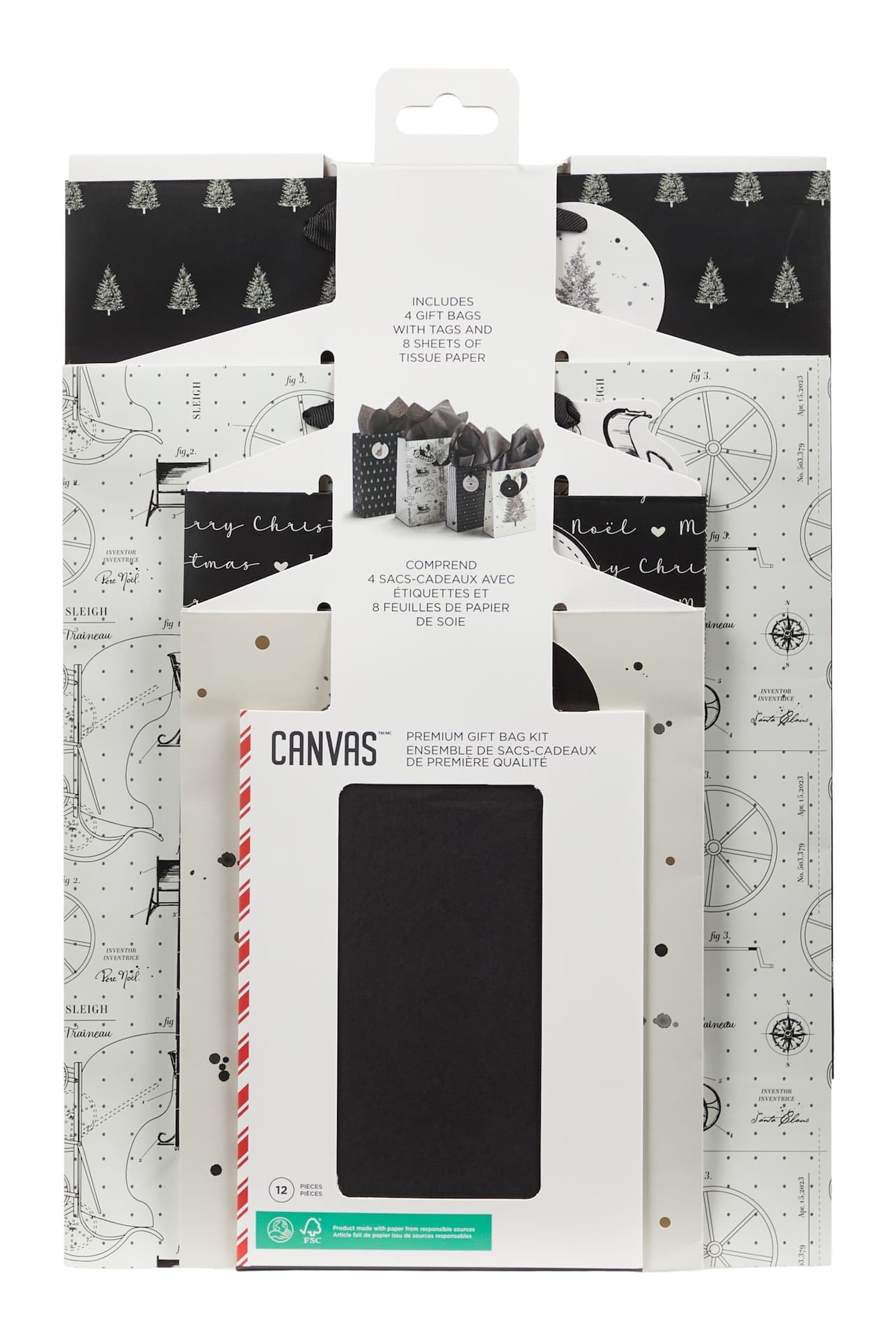 CANVAS Bag Kit, 4 Bags with Tissue Paper & Tags, Night Before Christmas