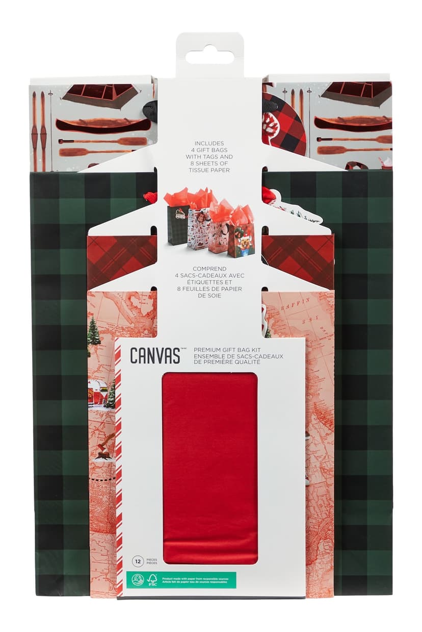 CANVAS Bag Kit, 4 Bags with Tissue Paper & Tags, Canadian Christmas