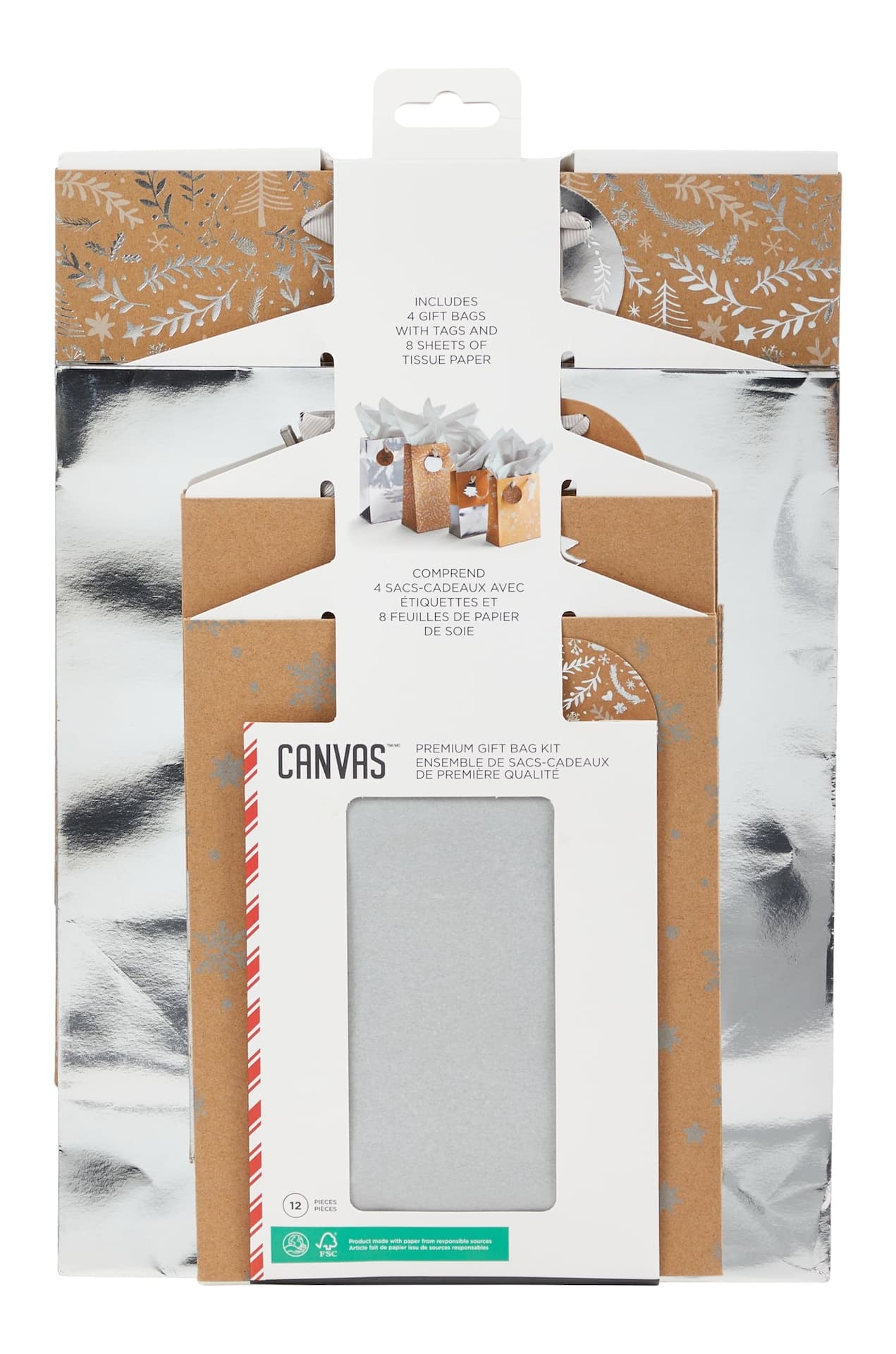 CANVAS Holiday Gift Bag Kit, 4 Bags with Tissue Paper and Tags, Silver Frost