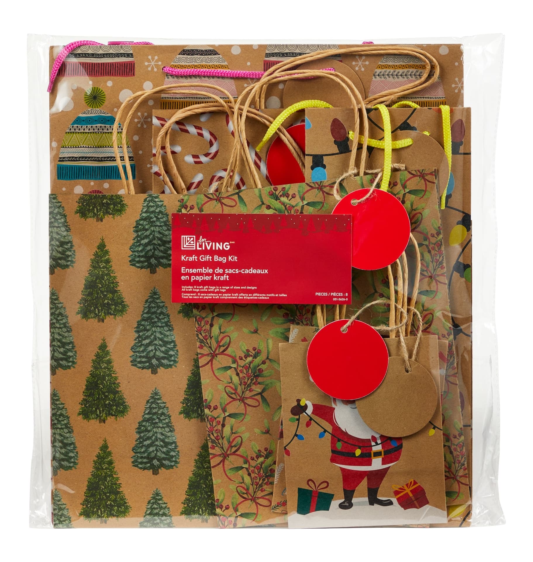 For Living Kraft Holiday Gift Bags, Multi Sizes, 8-pk