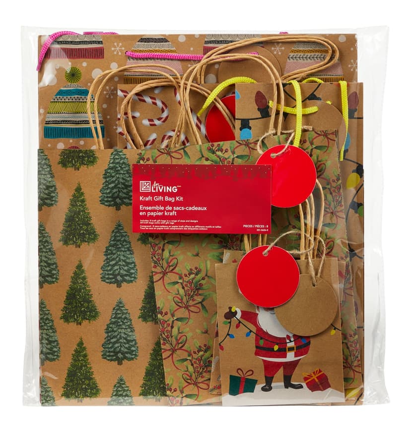 For Living Kraft Holiday Gift Bags, Multi Sizes, 8-pk