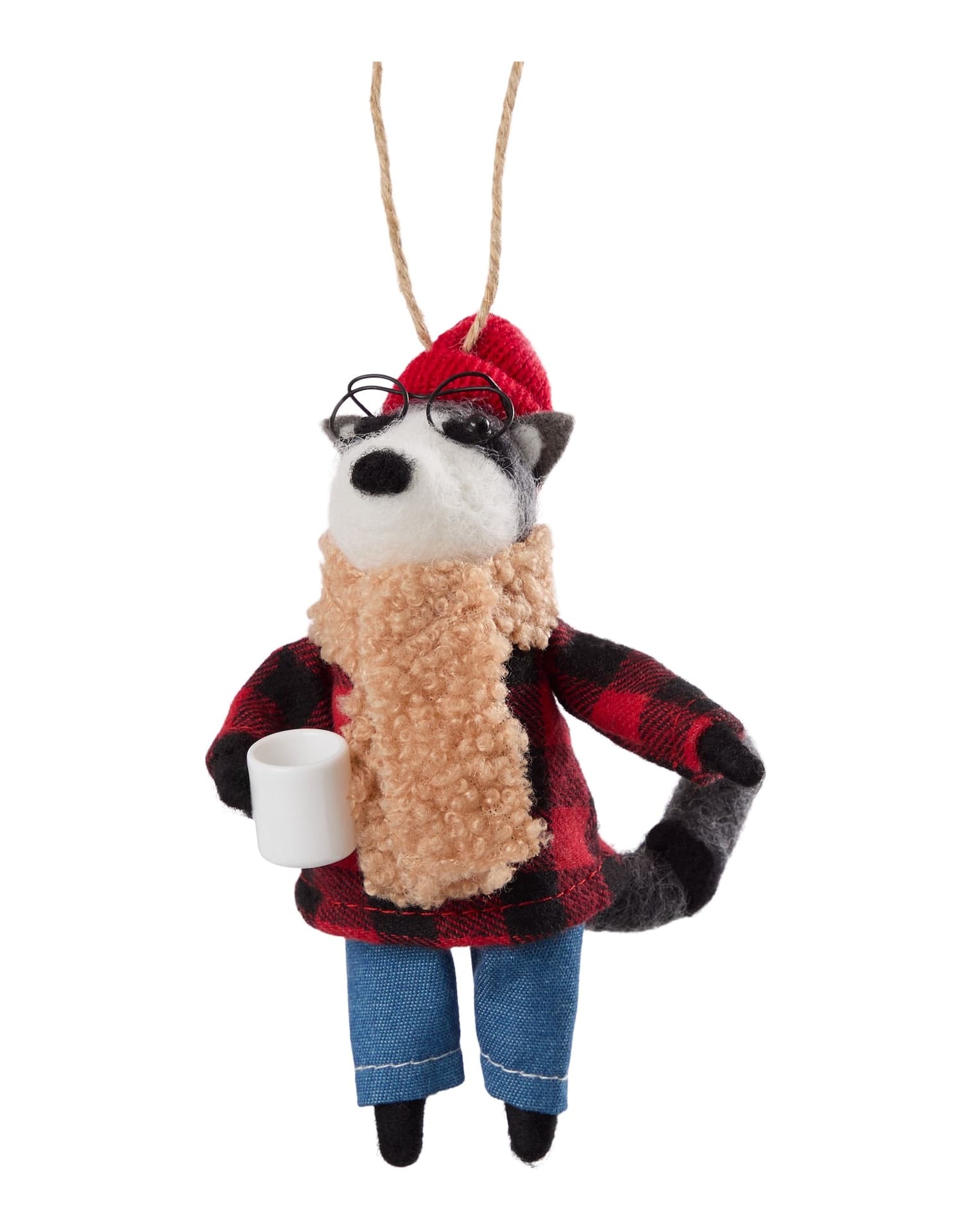 CANVAS Canadian Christmas Collection "Rocco" Felt Raccoon with Glasses and Coffee Mug, 5.3-in