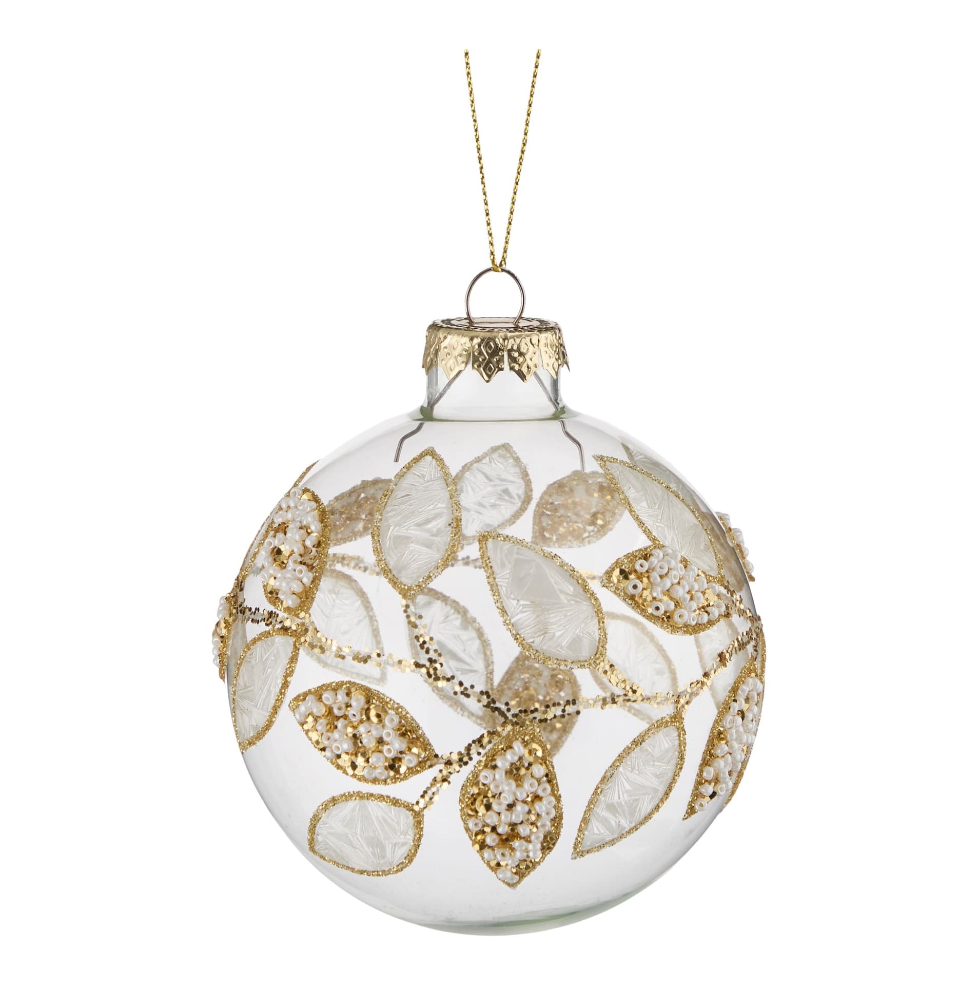 CANVAS Golden Moments Collection Glass Ball with Glitter Leaves, 80-mm