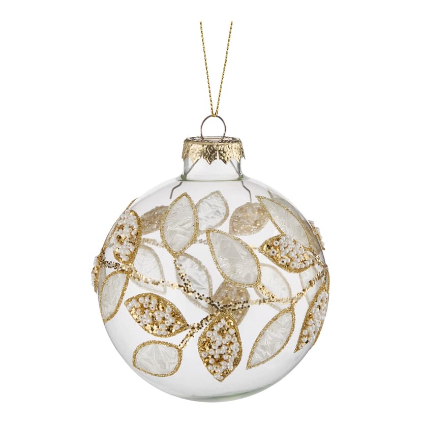CANVAS Golden Moments Collection Glass Ball with Glitter Leaves, 80-mm