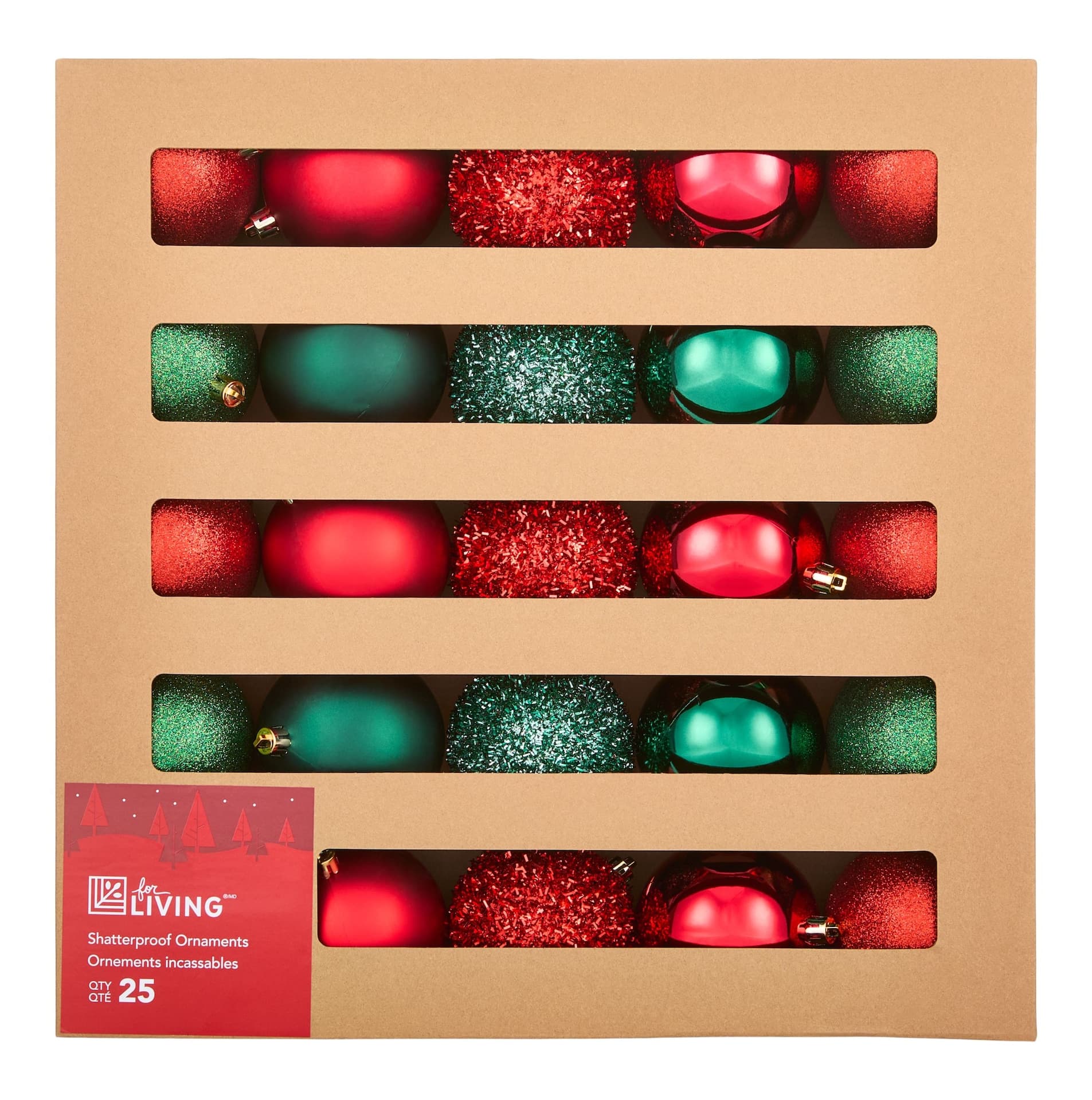 For Living Shatterproof Ball Christmas Ornament Set in Corrugate Box, Red/Green, 80-mm, 25-pc