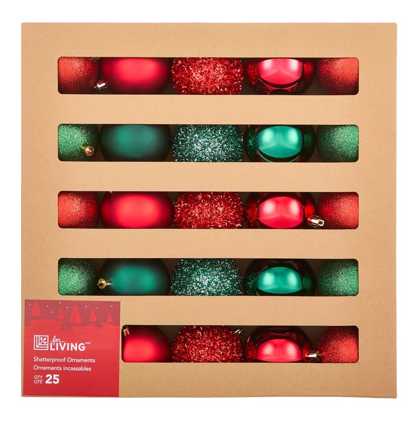 For Living Shatterproof Ball Christmas Ornament Set in Corrugate Box, Red/Green, 80-mm, 25-pc