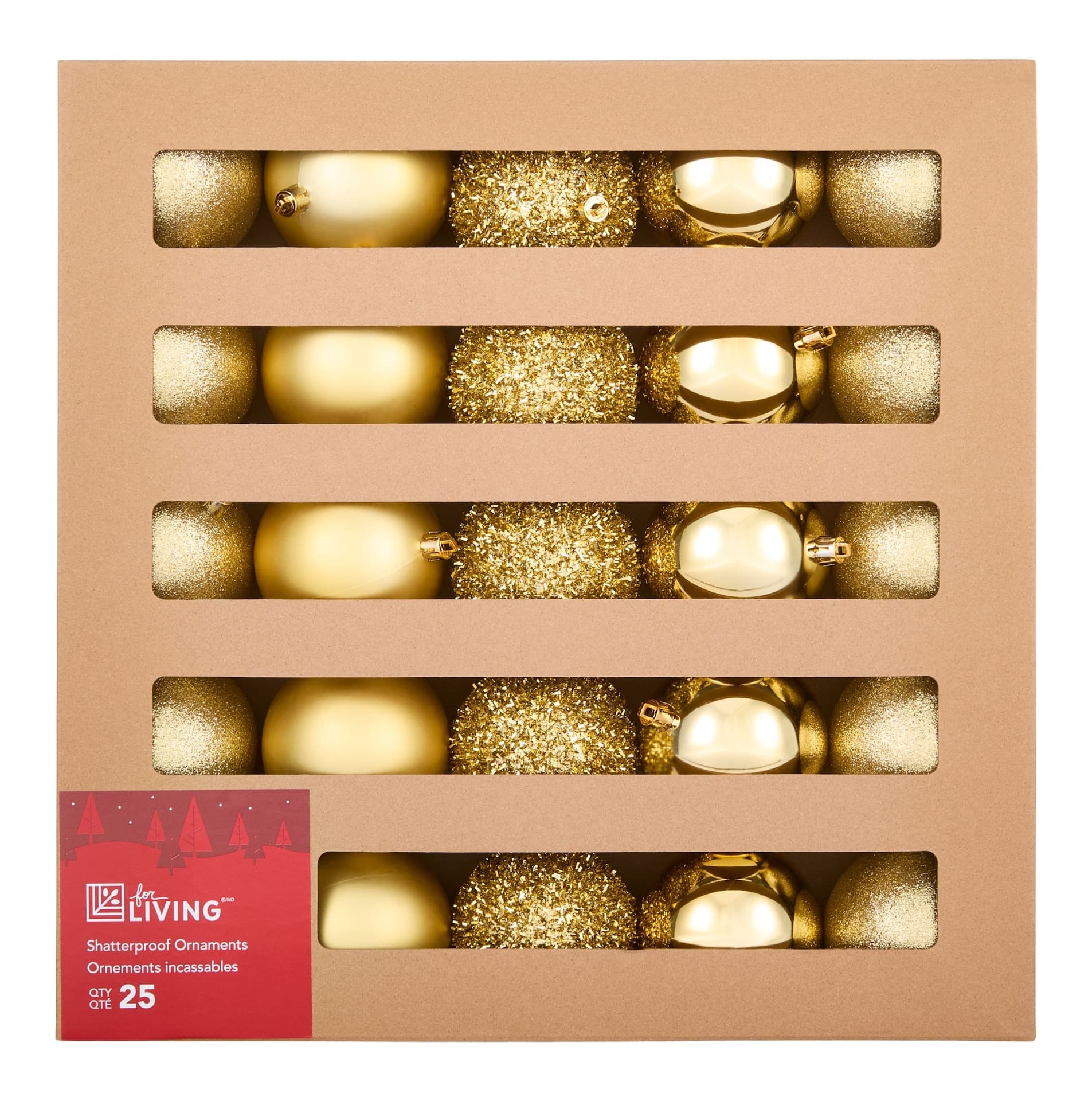 For Living Shatterproof Ball Christmas Ornament Set in Corrugate Box, Gold, 80-mm, 25-pc