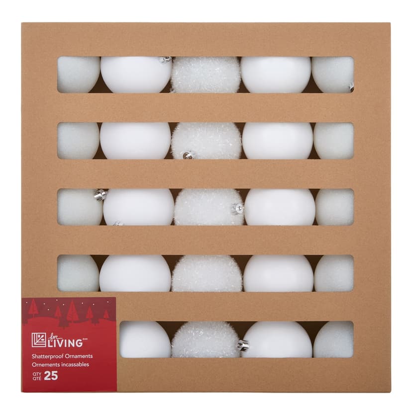 For Living Shatterproof Ball Christmas Ornament Set in Corrugate Box, White, 80-mm, 25-pc