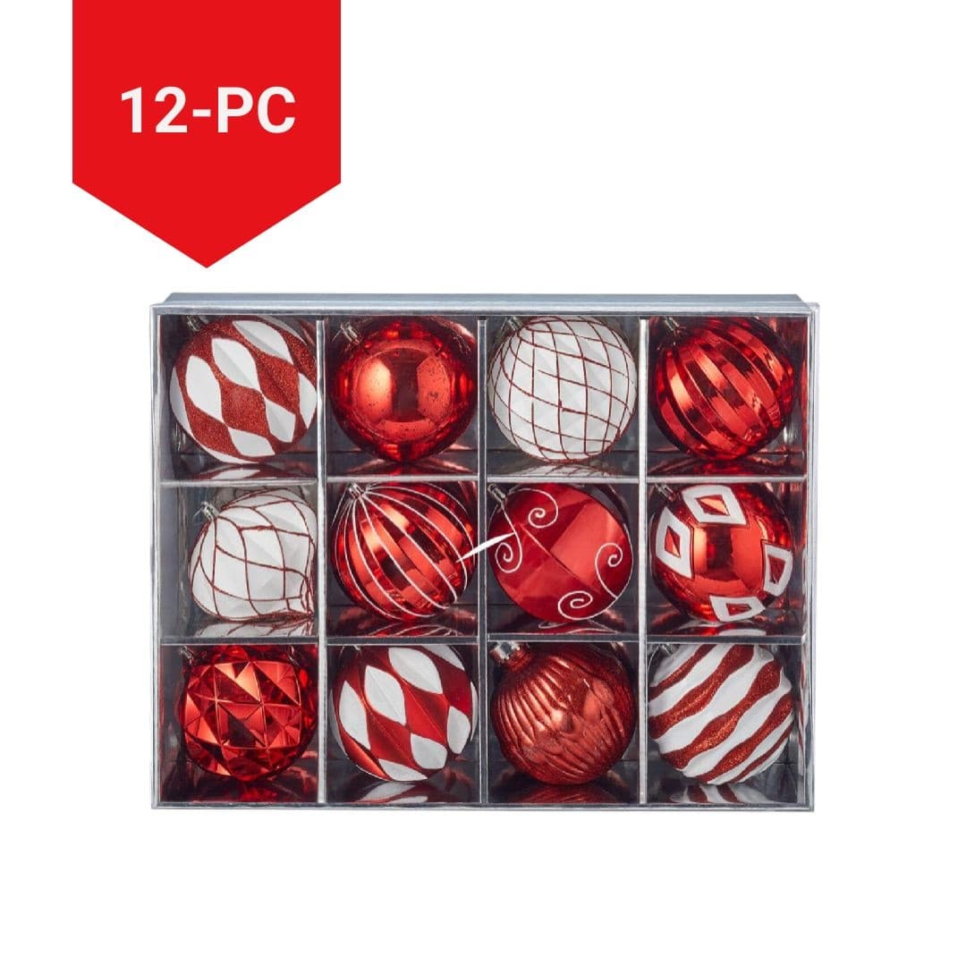 CANVAS Decoration Ball Christmas Ornament Set, Red & White, 12-pc