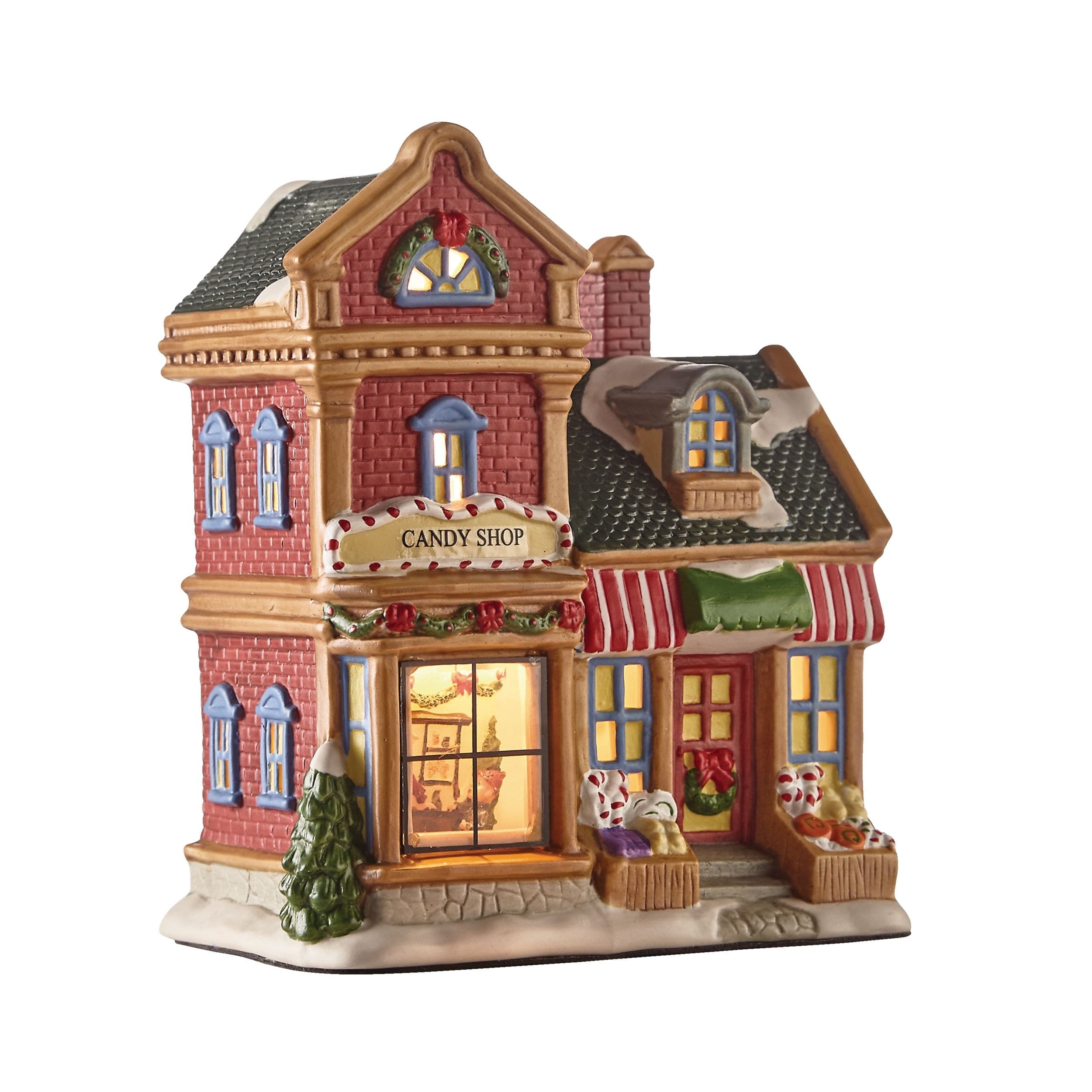 For Living LED Porcelain Christmas Village Candy Shop Decoration Set, 6 7/10-in