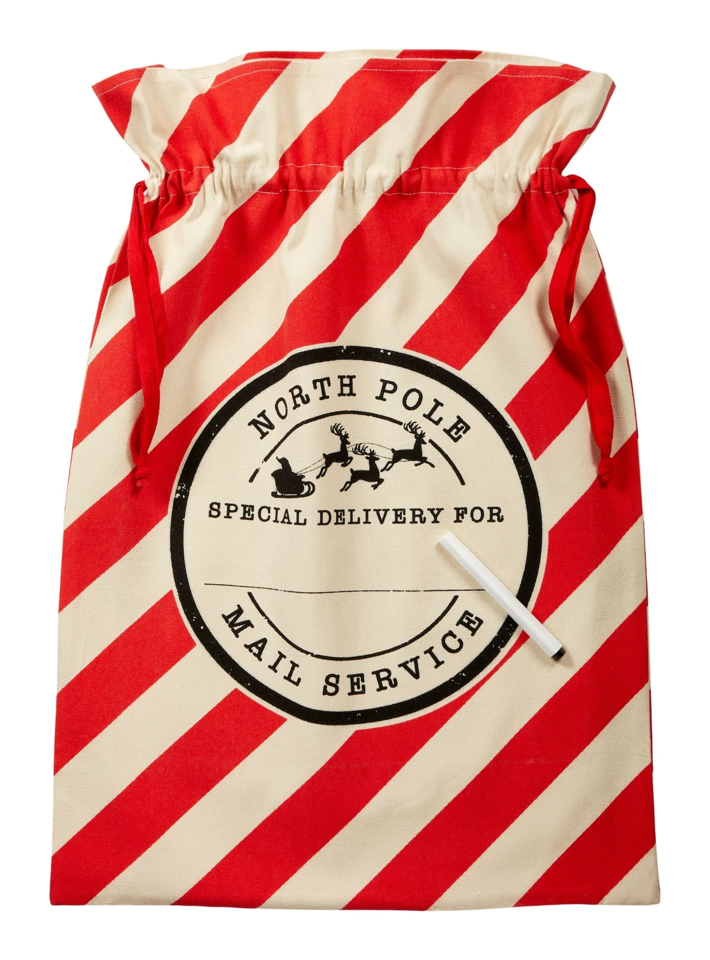 CANVAS Christmas Decoration Sac with Marker, English, Red & White, 18 x 26-in