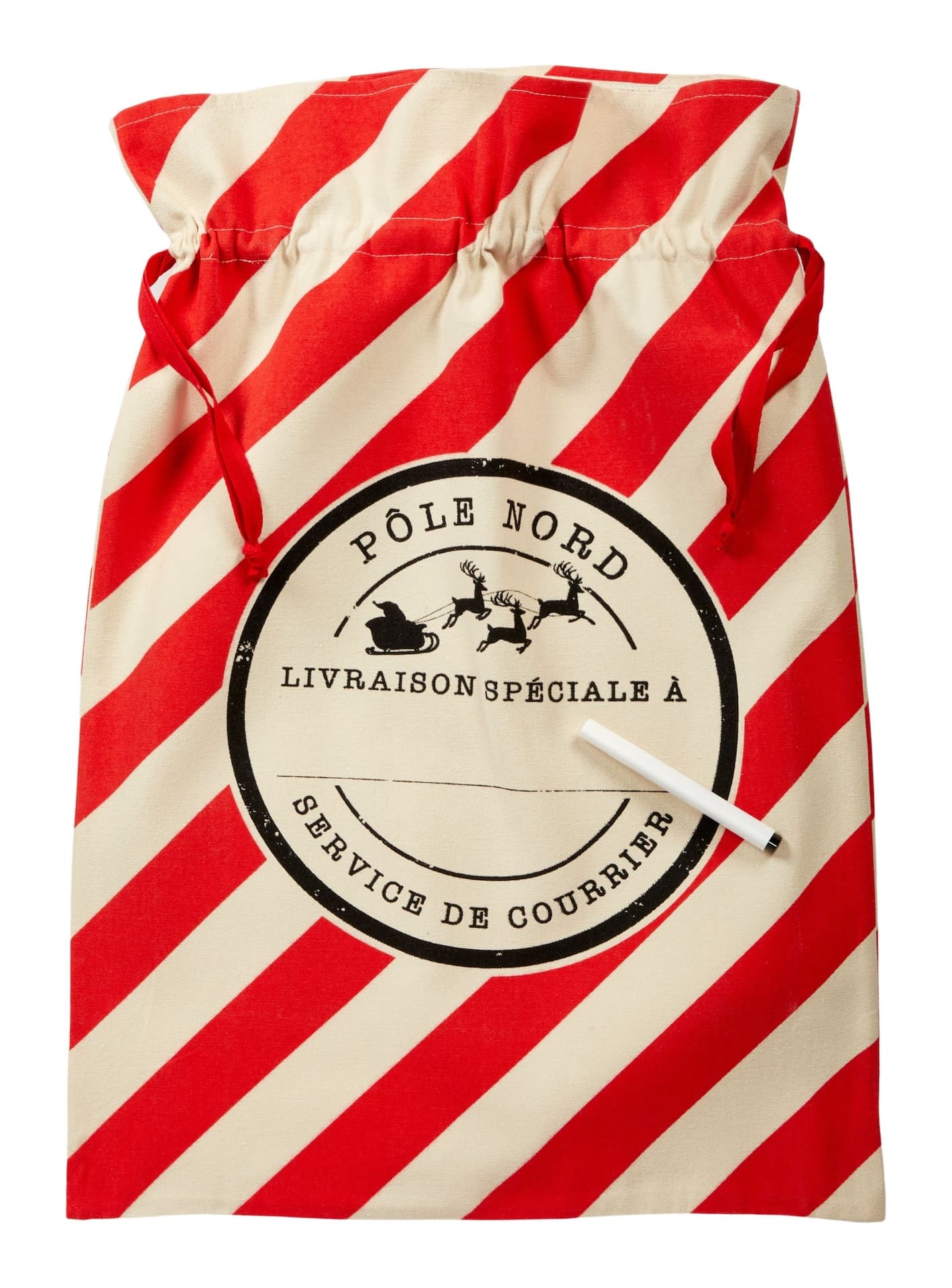 CANVAS Christmas Decoration Sac with Marker, French, Red & White, 18 x 26-in