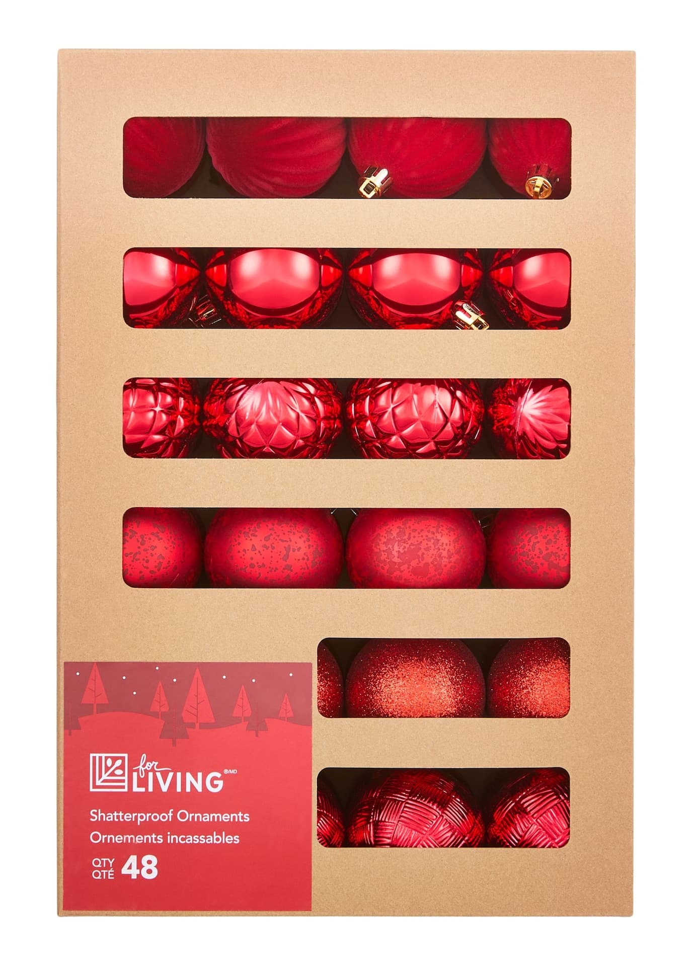 For Living Shatterproof Ball Christmas Ornament Set in Corrugate Box, Red, 60-mm, 48-pc