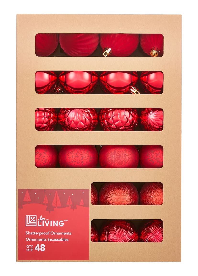 For Living Shatterproof Ball Christmas Ornament Set in Corrugate Box, Red, 60-mm, 48-pc