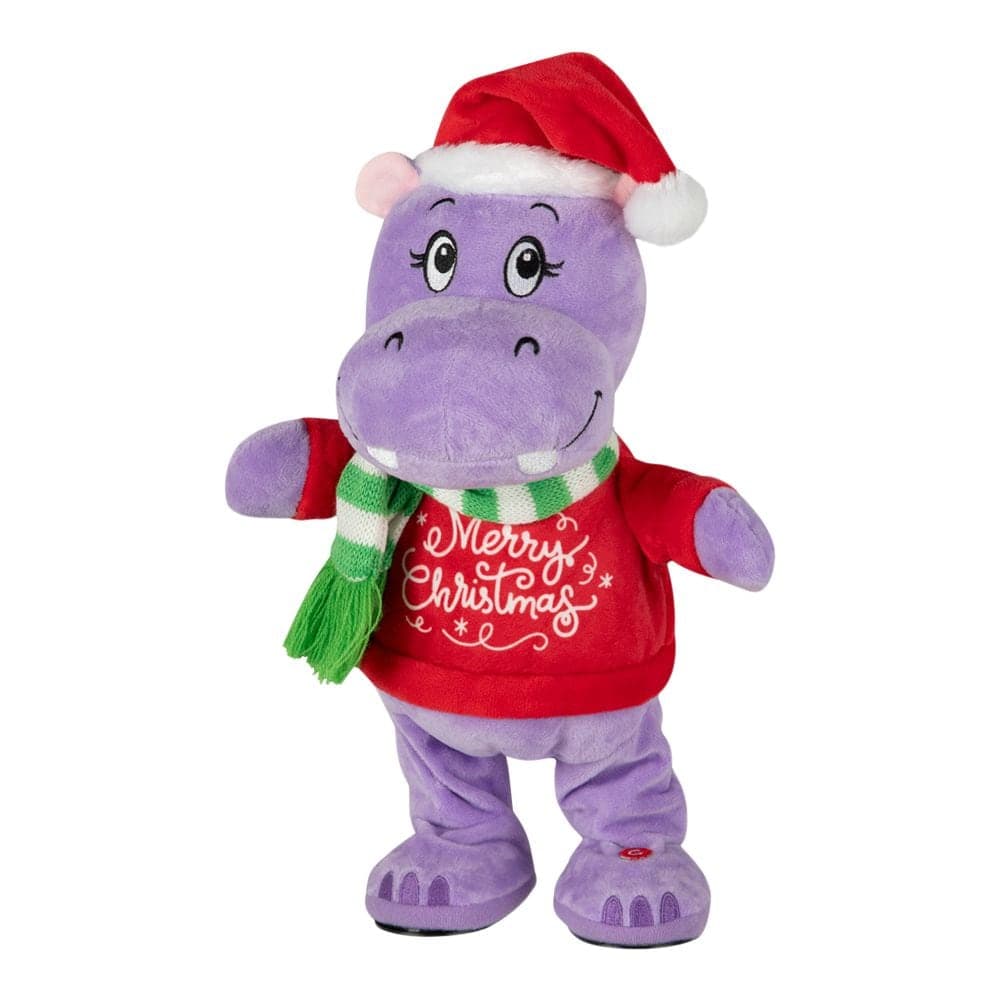Animated Hippo with Christmas Sweater, Purple, 14.5-in