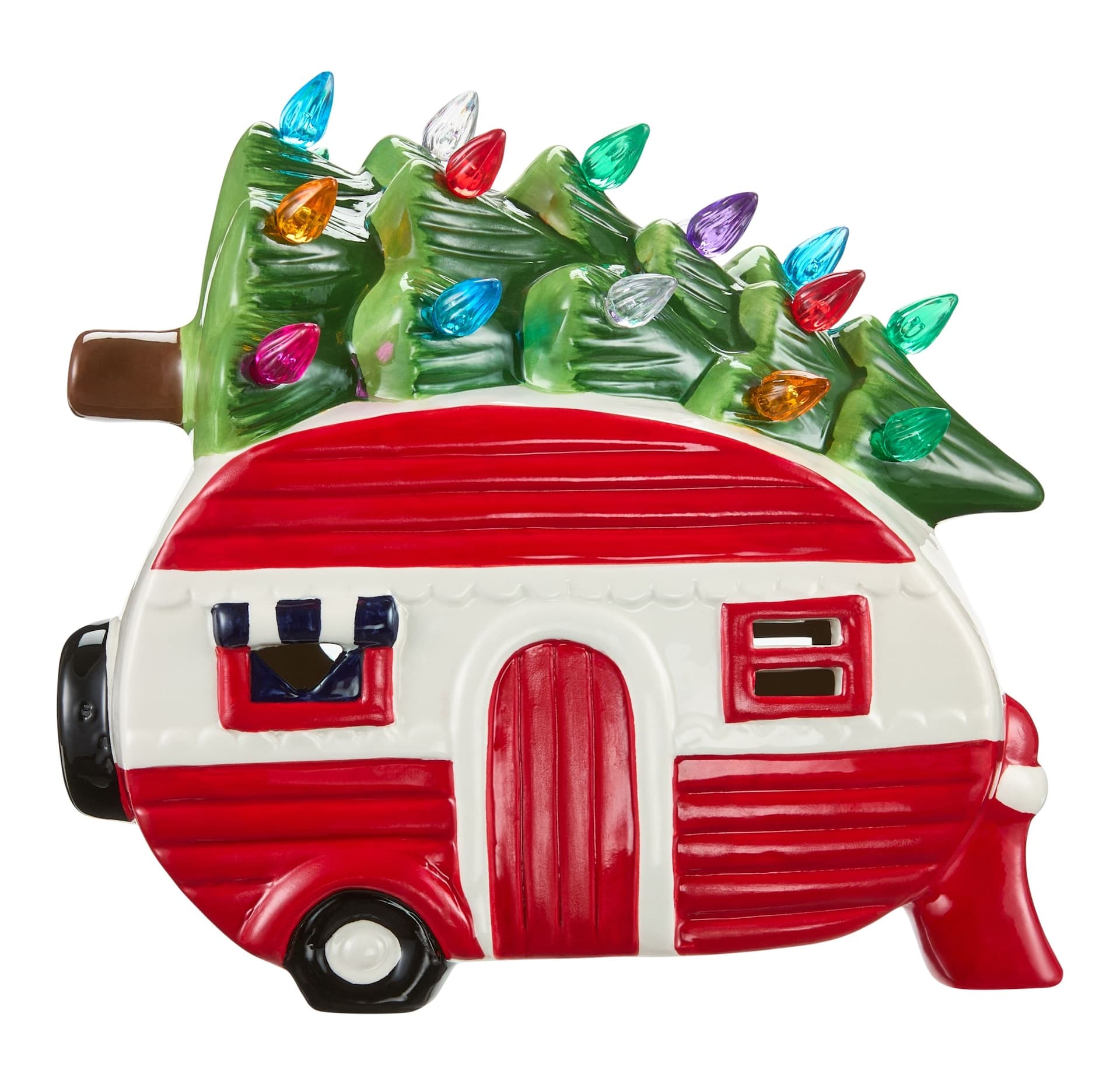 FOR LIVING Pre-Lit Ceramic Christmas Village Camper with Christmas Tree Tabletop Décor, 8-in