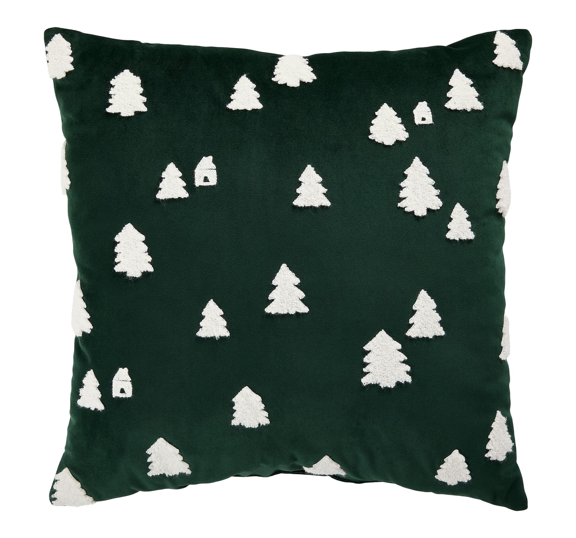 CANVAS Holiday Homecoming Collection Green Velvet with White Trees & Houses Cushion/Throw Pillow, 20x20-in
