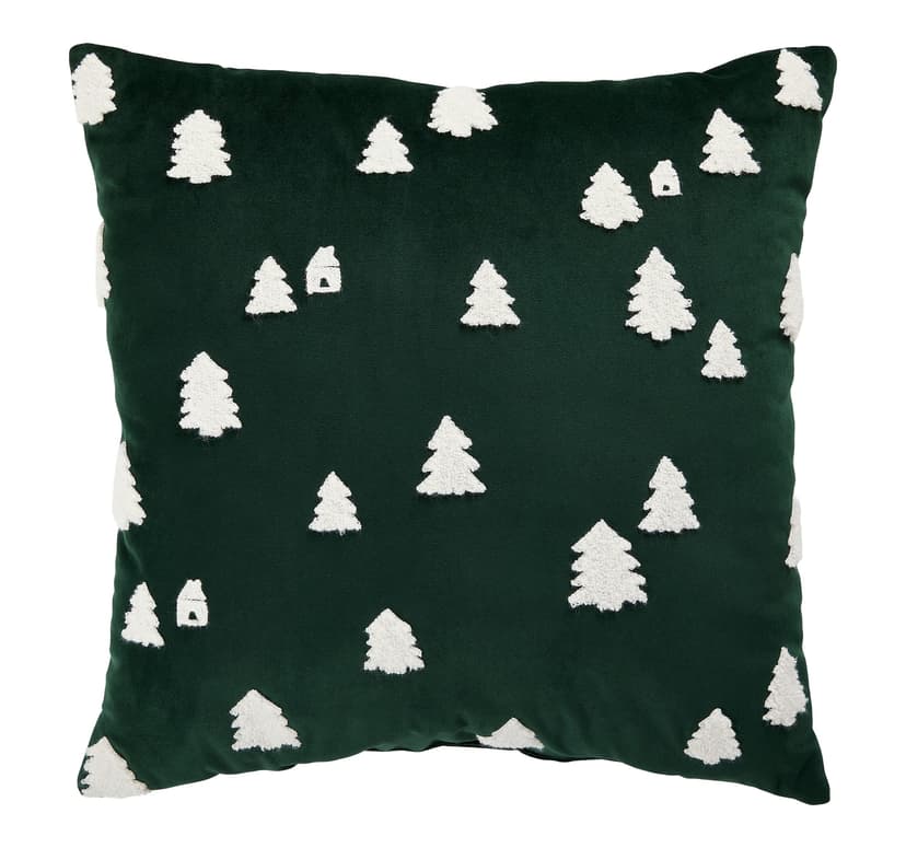 CANVAS Holiday Homecoming Collection Green Velvet with White Trees & Houses Cushion/Throw Pillow, 20x20-in
