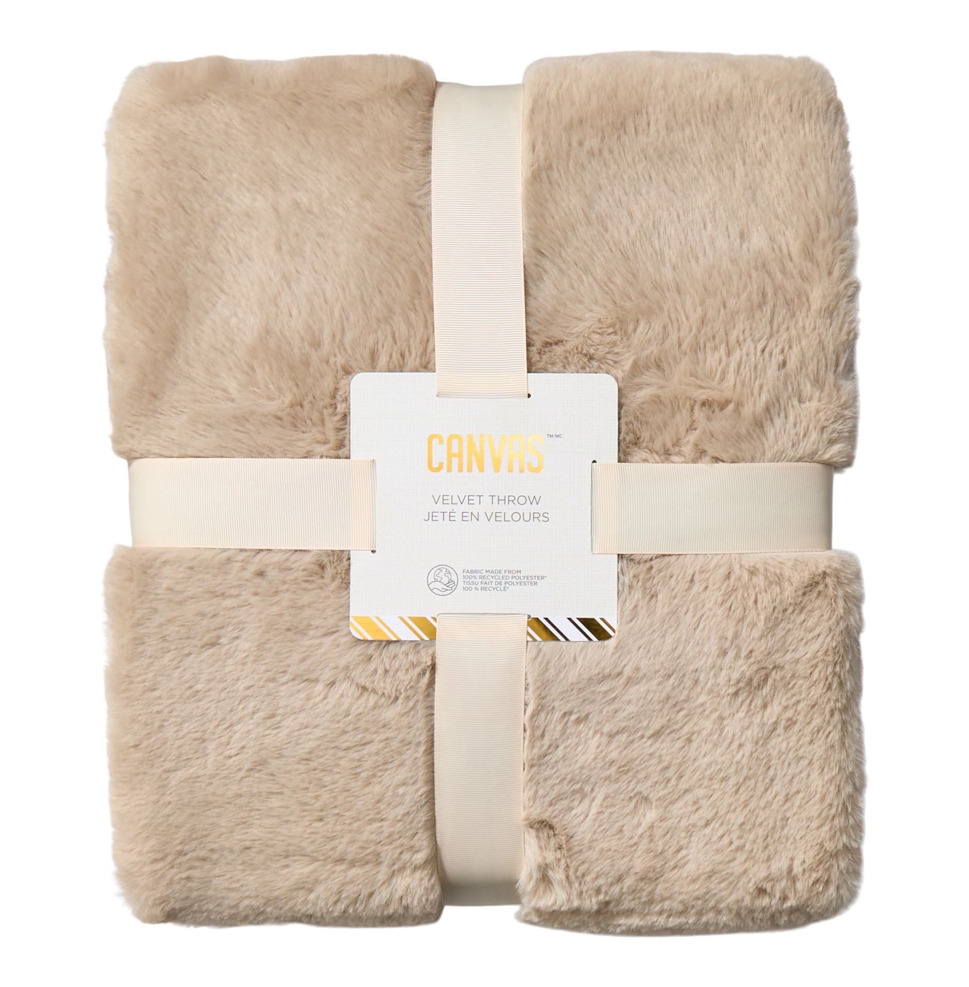 CANVAS Holiday Homecoming Collection Faux Fur with Pompom Throw Blanket, Beige, 50x60-in