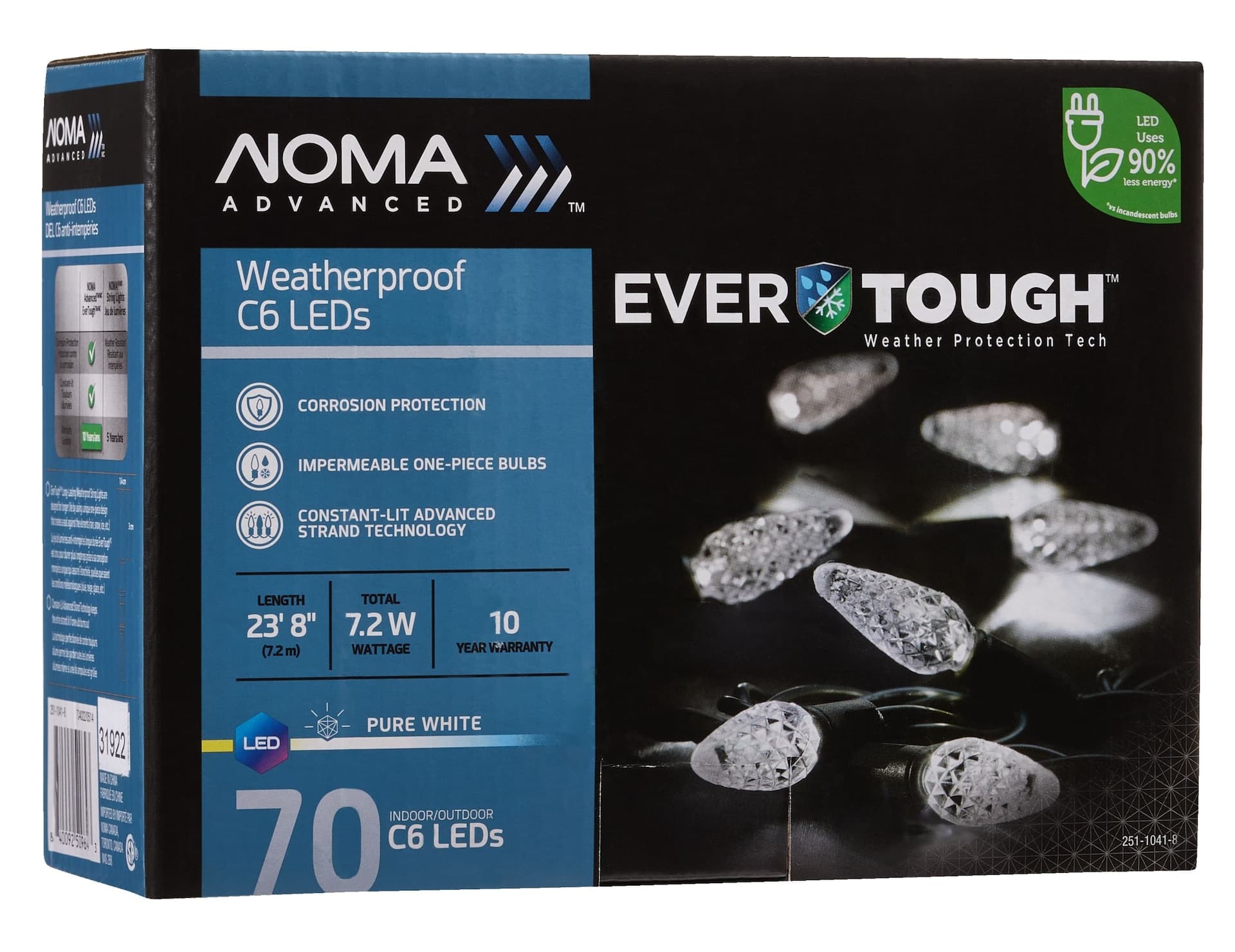 NOMA Advanced EverTough Weatherproof C6 LED, Pure White, 7.2m, 70-pc