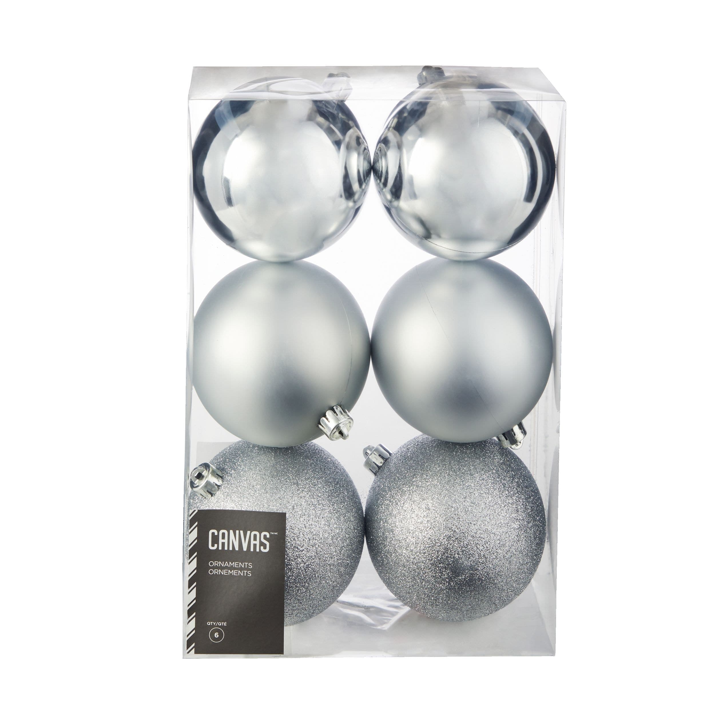 CANVAS Silver Collection Shatterproof Decoration Ball Christmas Ornament Set, Assorted,100-mm, 6-pc