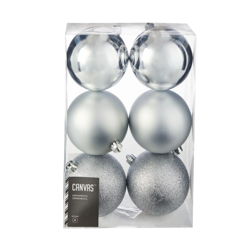 CANVAS Silver Collection Shatterproof Decoration Ball Christmas Ornament Set, Assorted,100-mm, 6-pc