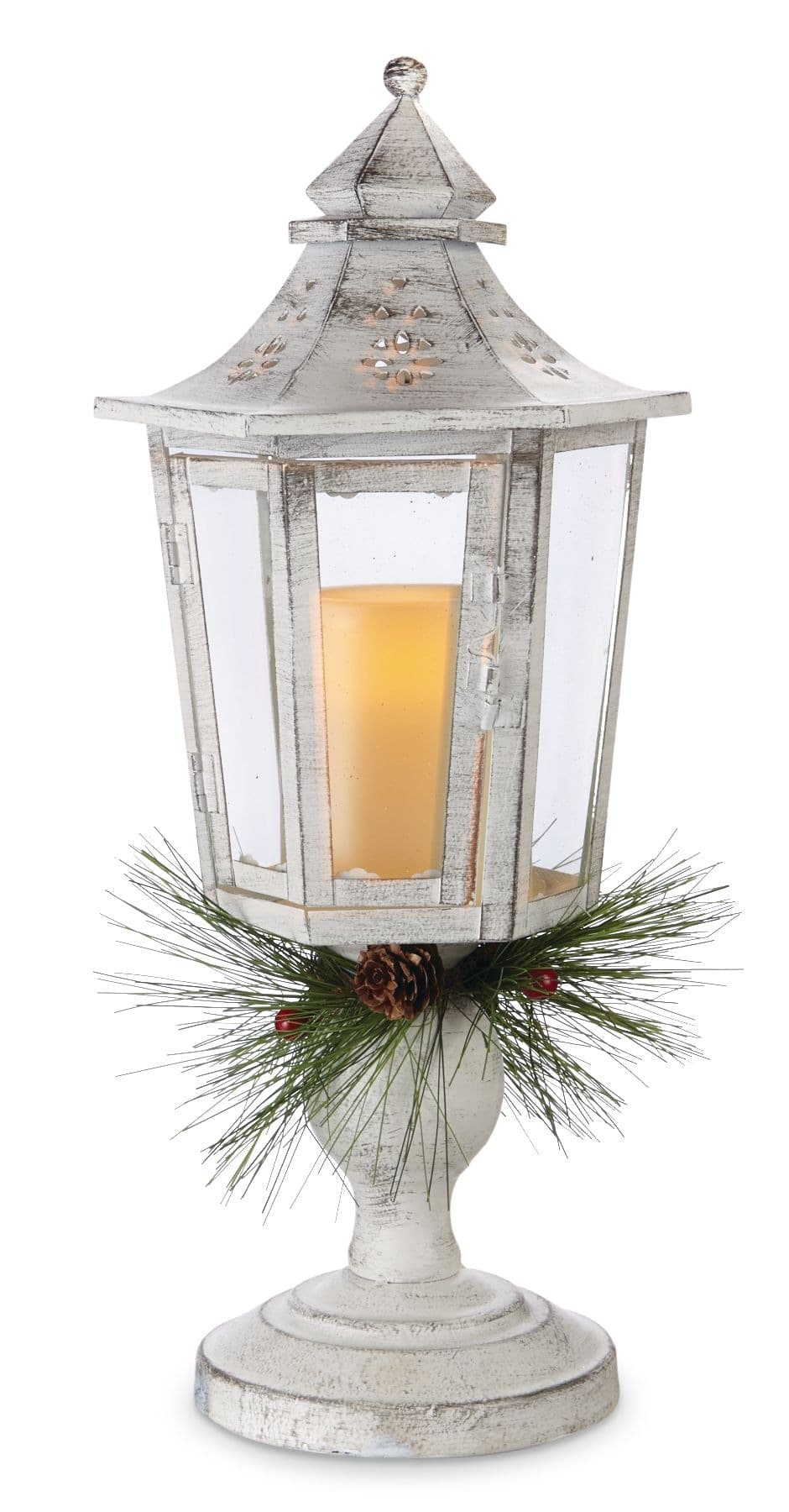 For Living Christmas Decoration Lantern with Battery Operated LED Candle, Cream, 17-in