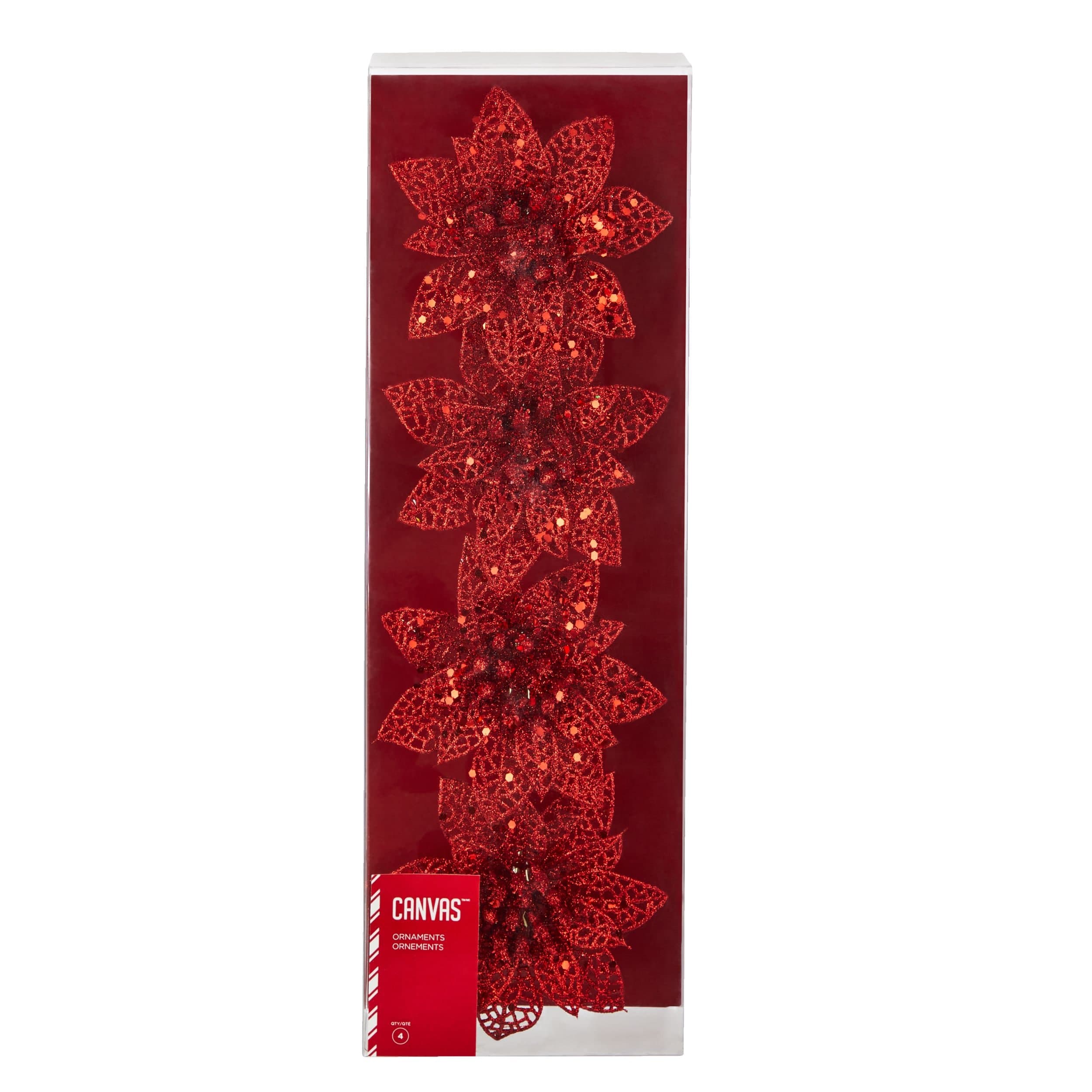 CANVAS Classic Christmas Collection Glittering Decoration Poinsettia Clip Christmas Ornament Set, 4-pk