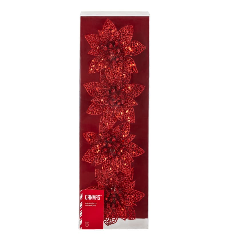 CANVAS Classic Christmas Collection Glittering Decoration Poinsettia Clip Christmas Ornament Set, 4-pk