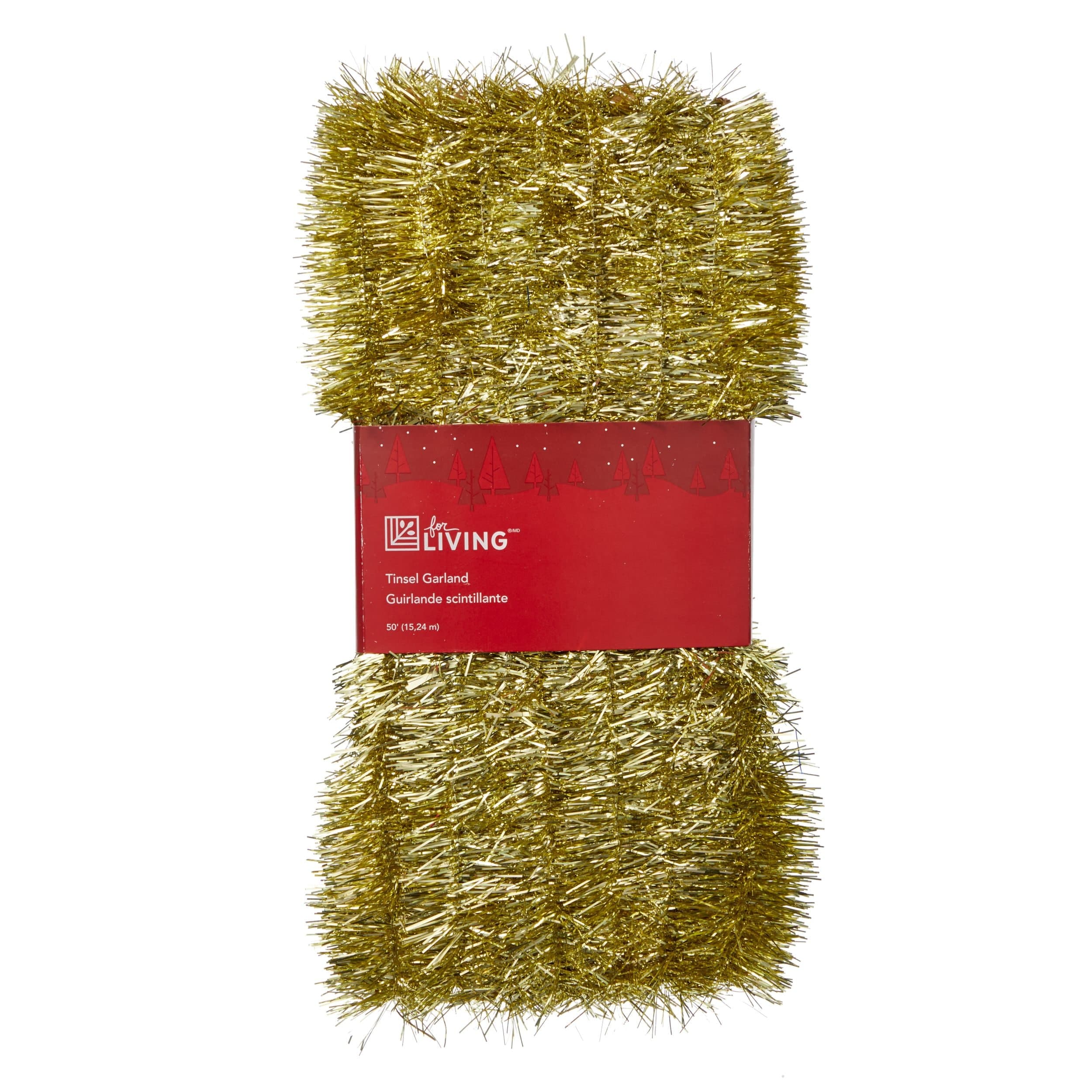 For Living Christmas Decoration Tinsel Garland, Gold, 50-ft