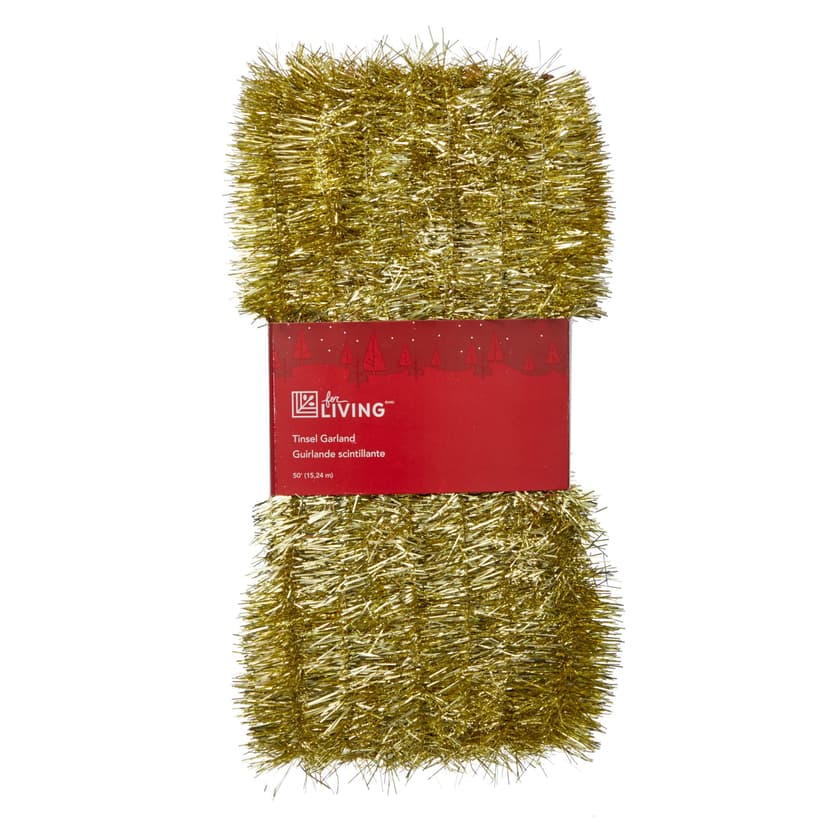 For Living Christmas Decoration Tinsel Garland, Gold, 50-ft