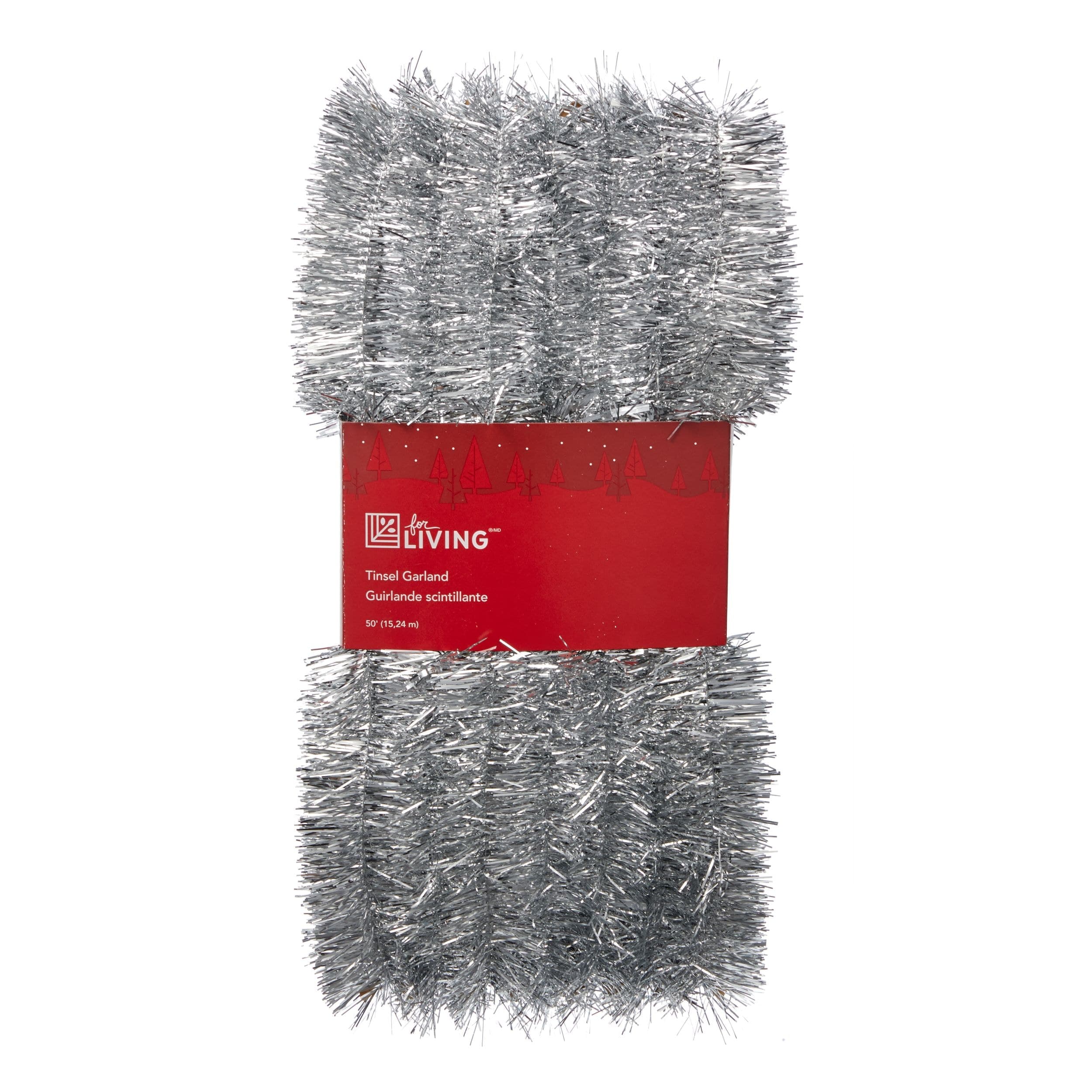 For Living Christmas Decoration Tinsel Garland, Silver, 50-ft