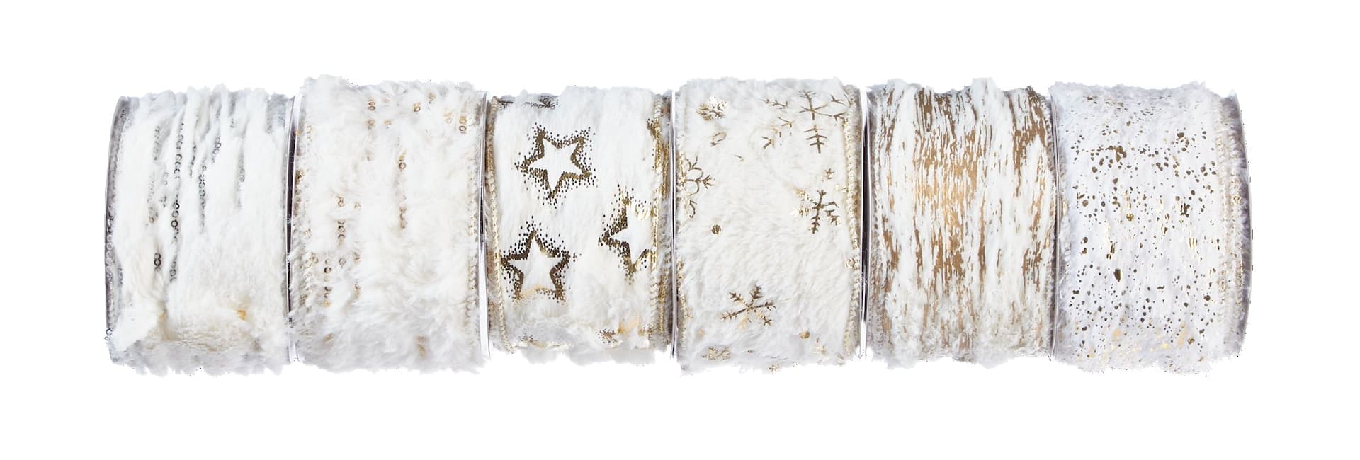 CANVAS Gold Collection Christmas Decoration Faux Fur Ribbon, Single Ribbon, Assorted Design, 2.5-in x 9-ft