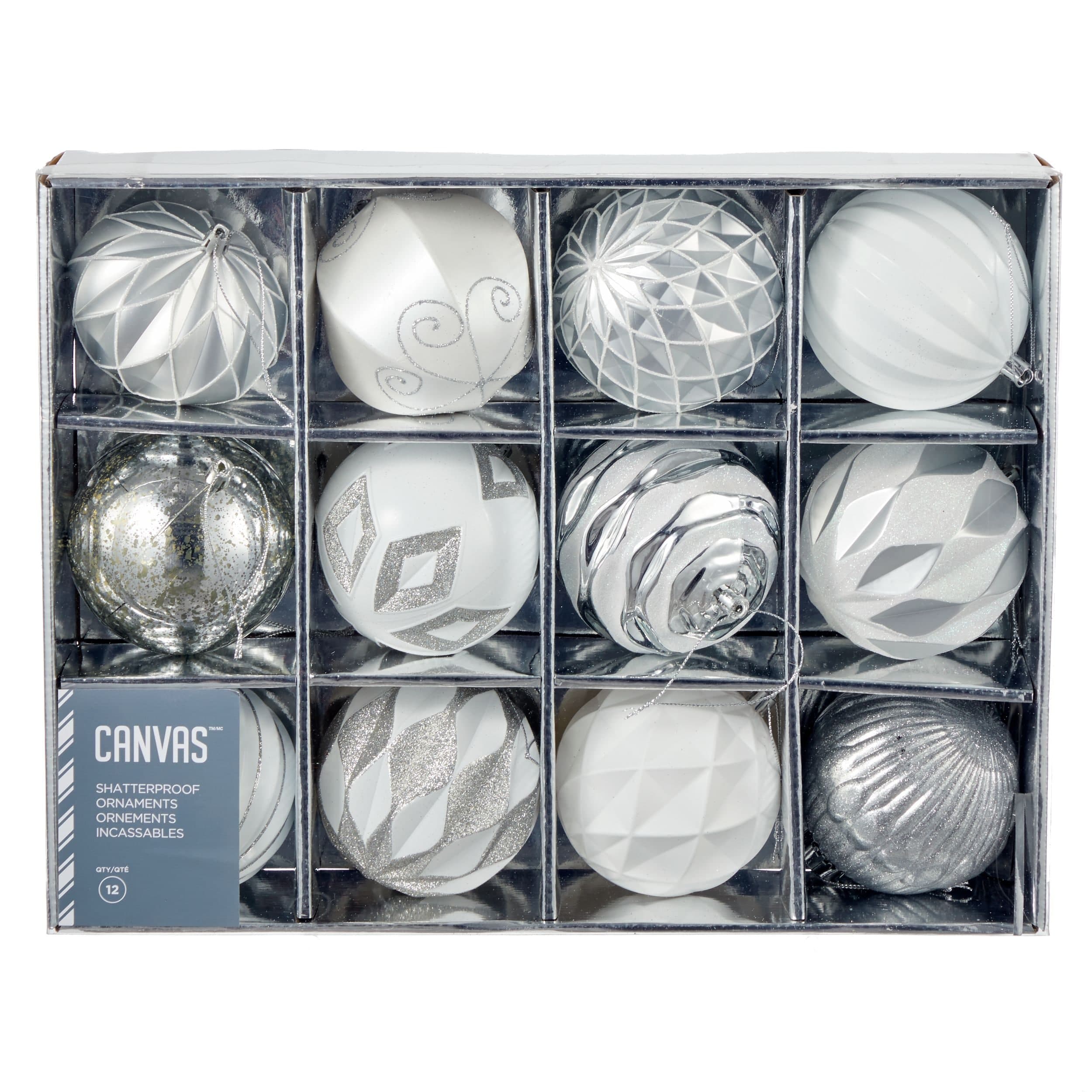 CANVAS Silver Collection Shatterproof Decoration Ball Christmas Ornament Set, 100mm, 12-pc