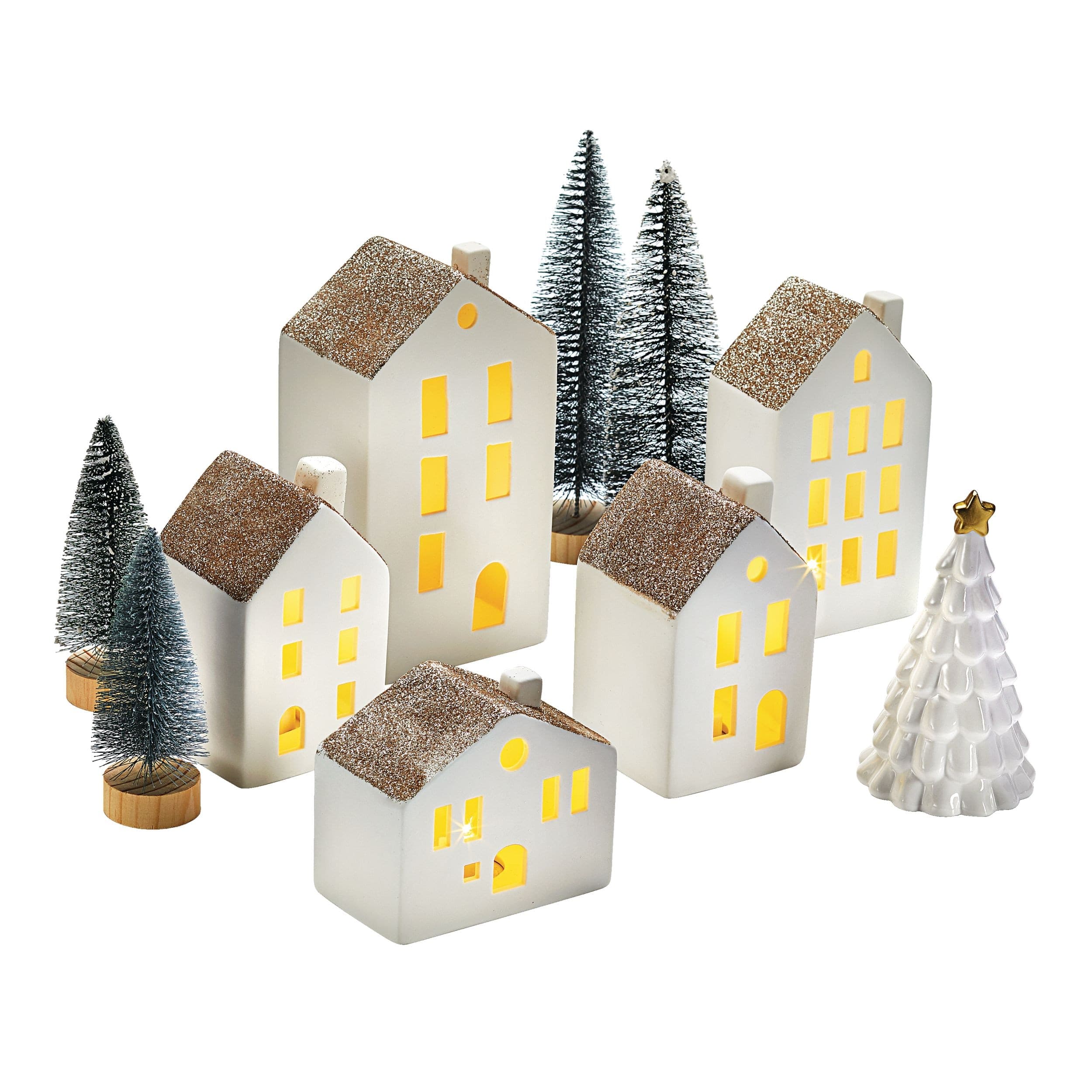 CANVAS Ceramic LED Christmas House Decoration Set, White, 10-pc