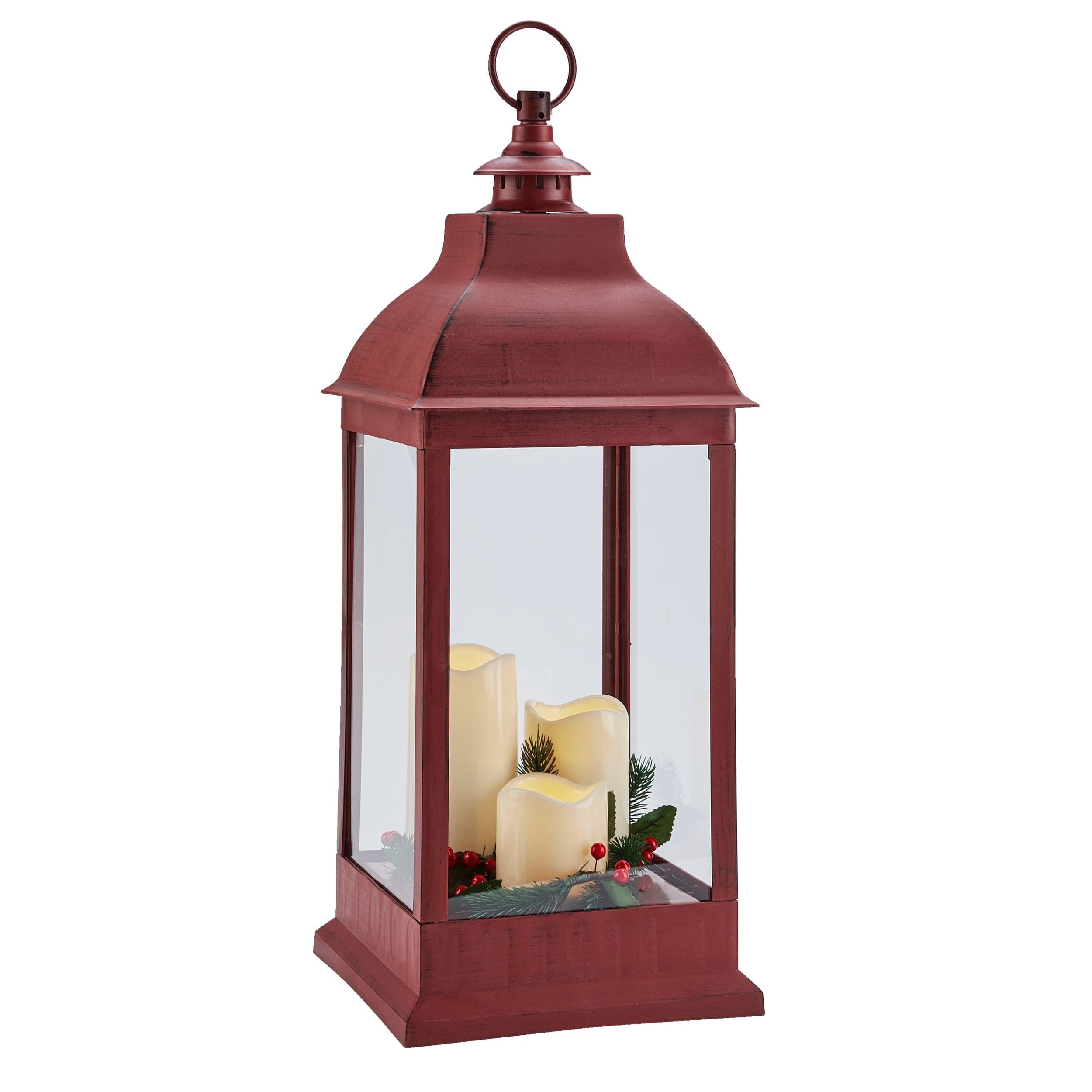 CANVAS LED Christmas Decoration Lantern, with Faux Candle, Red, 24-in