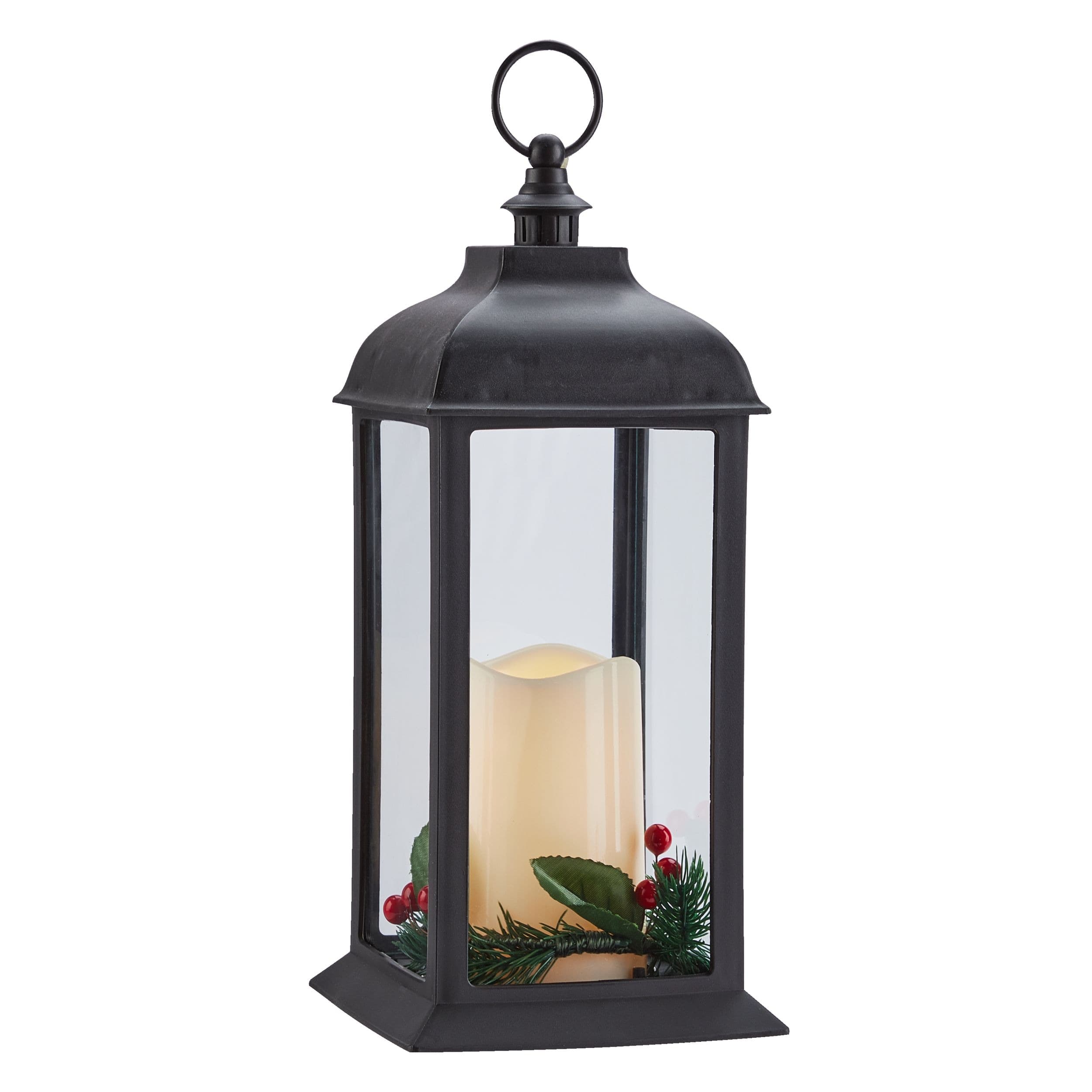 Lantern LED Flameless Candle, Black, Poinsettia, 12-in, for Christmas
