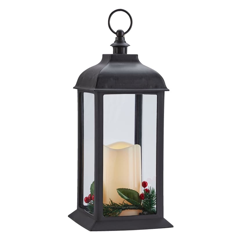Lantern LED Flameless Candle, Black, Poinsettia, 12-in, for Christmas