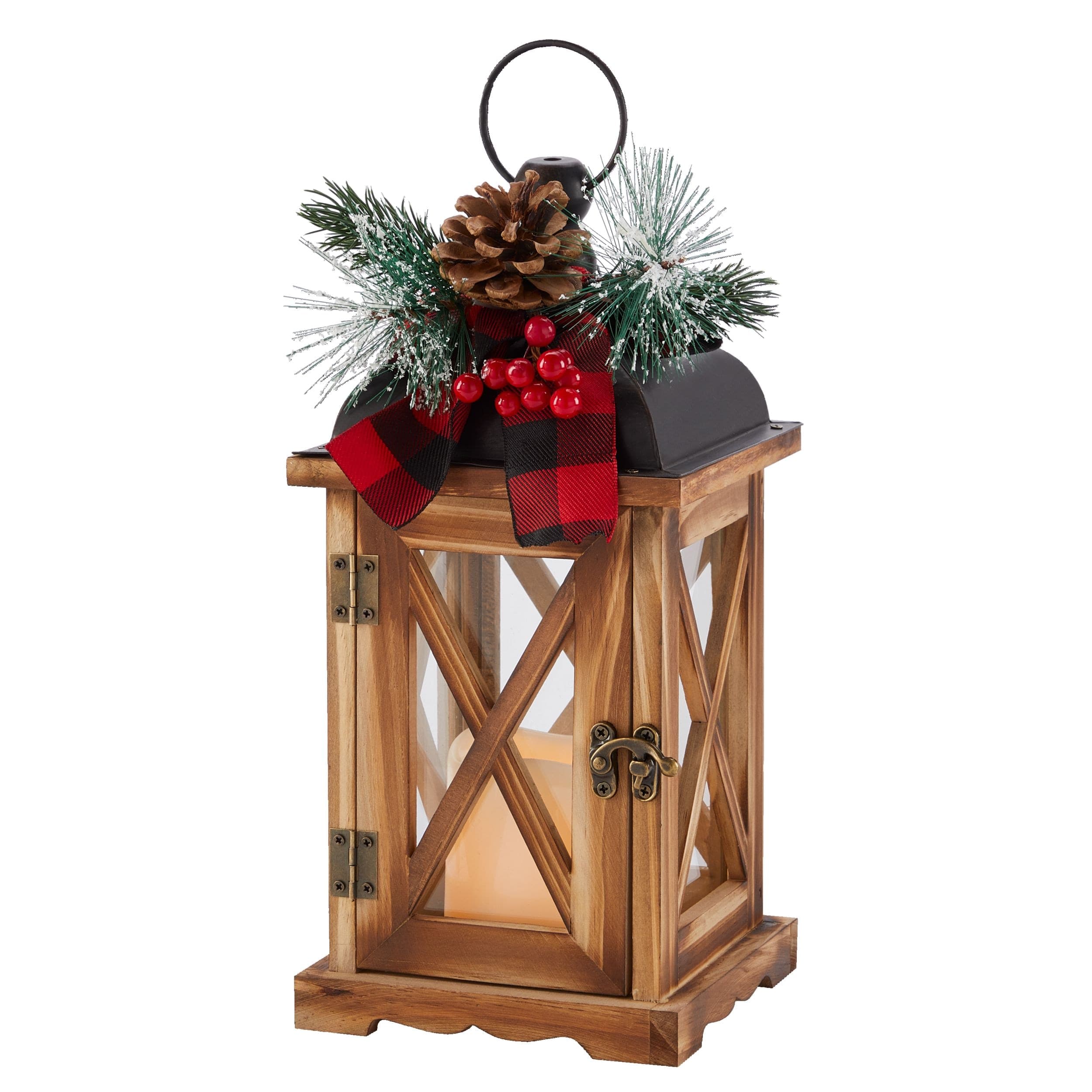 CANVAS Wooden LED Christmas Decoration Lantern, with Faux Candle, 12-in