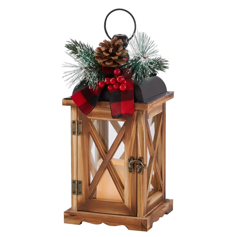 CANVAS Wooden LED Christmas Decoration Lantern, with Faux Candle, 12-in