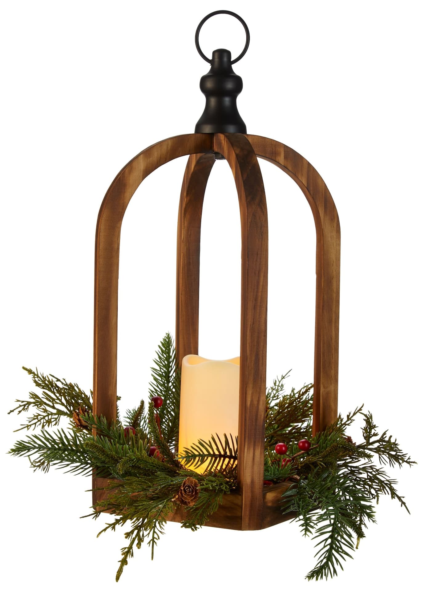 CANVAS Wooden LED Christmas Decoration Carved Lantern, with Faux Candle, 18-in