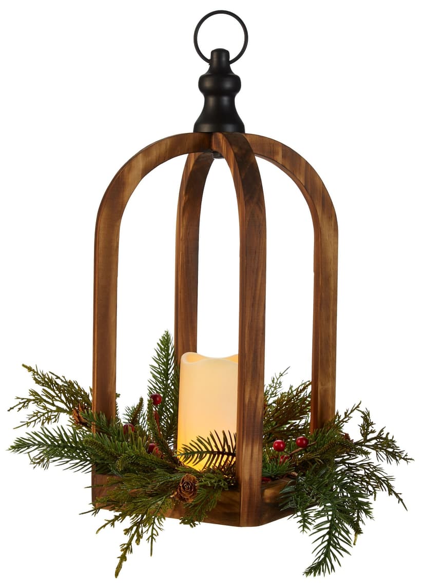 CANVAS Wooden LED Christmas Decoration Carved Lantern, with Faux Candle, 18-in