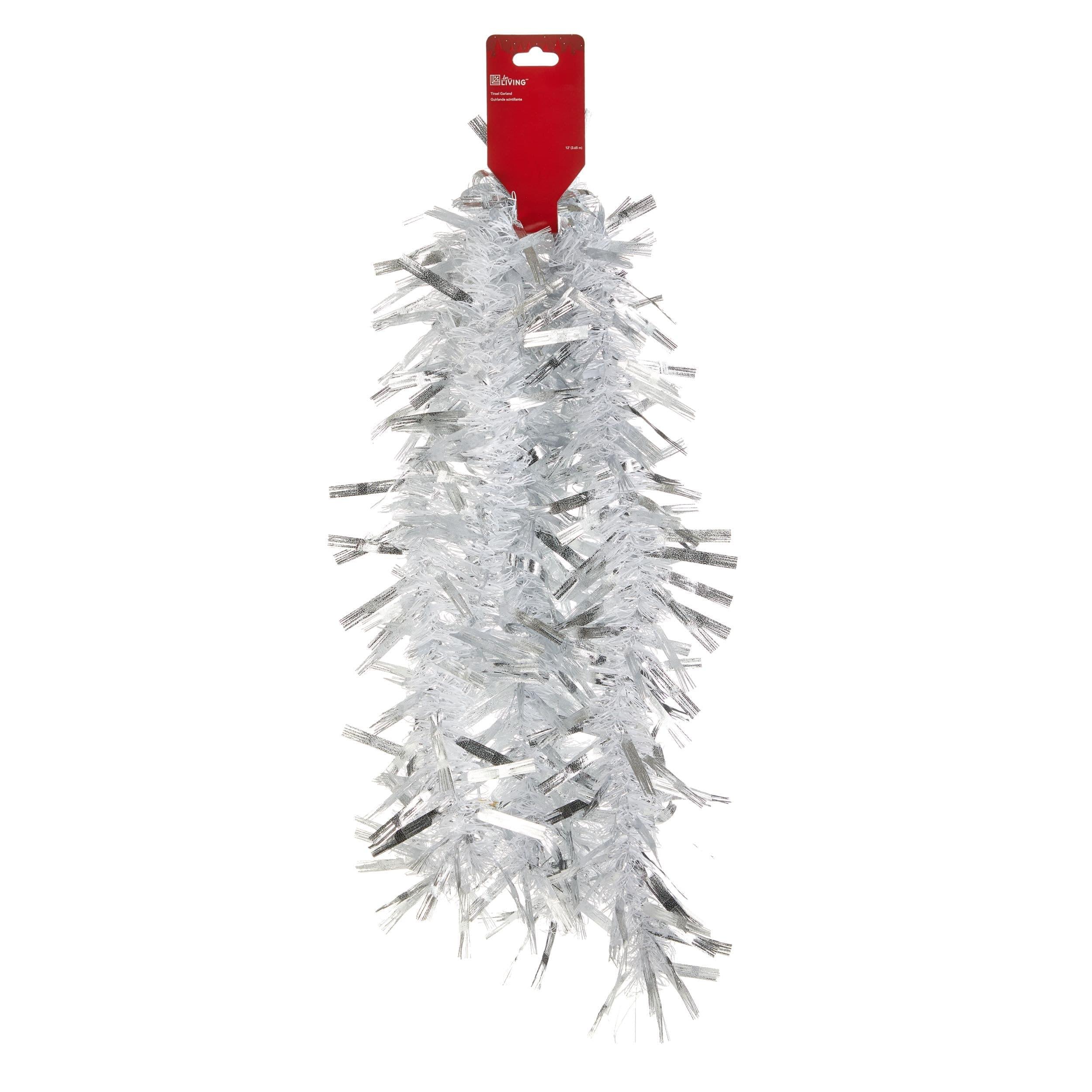 For Living Christmas Decoration Feather Tinsel, White/Silver, 12-ft