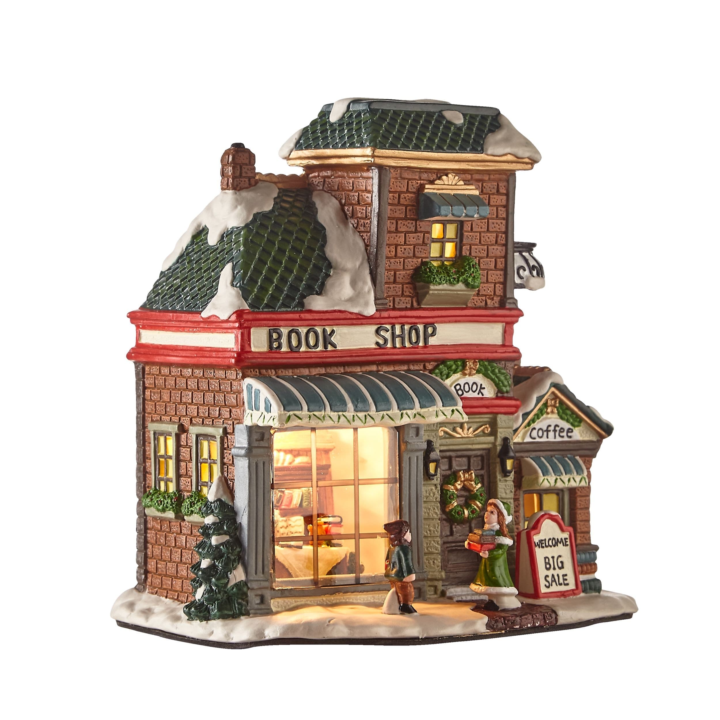 For Living LED Porcelain Christmas Village Book Shop Decoration Set, 7 1/2-in
