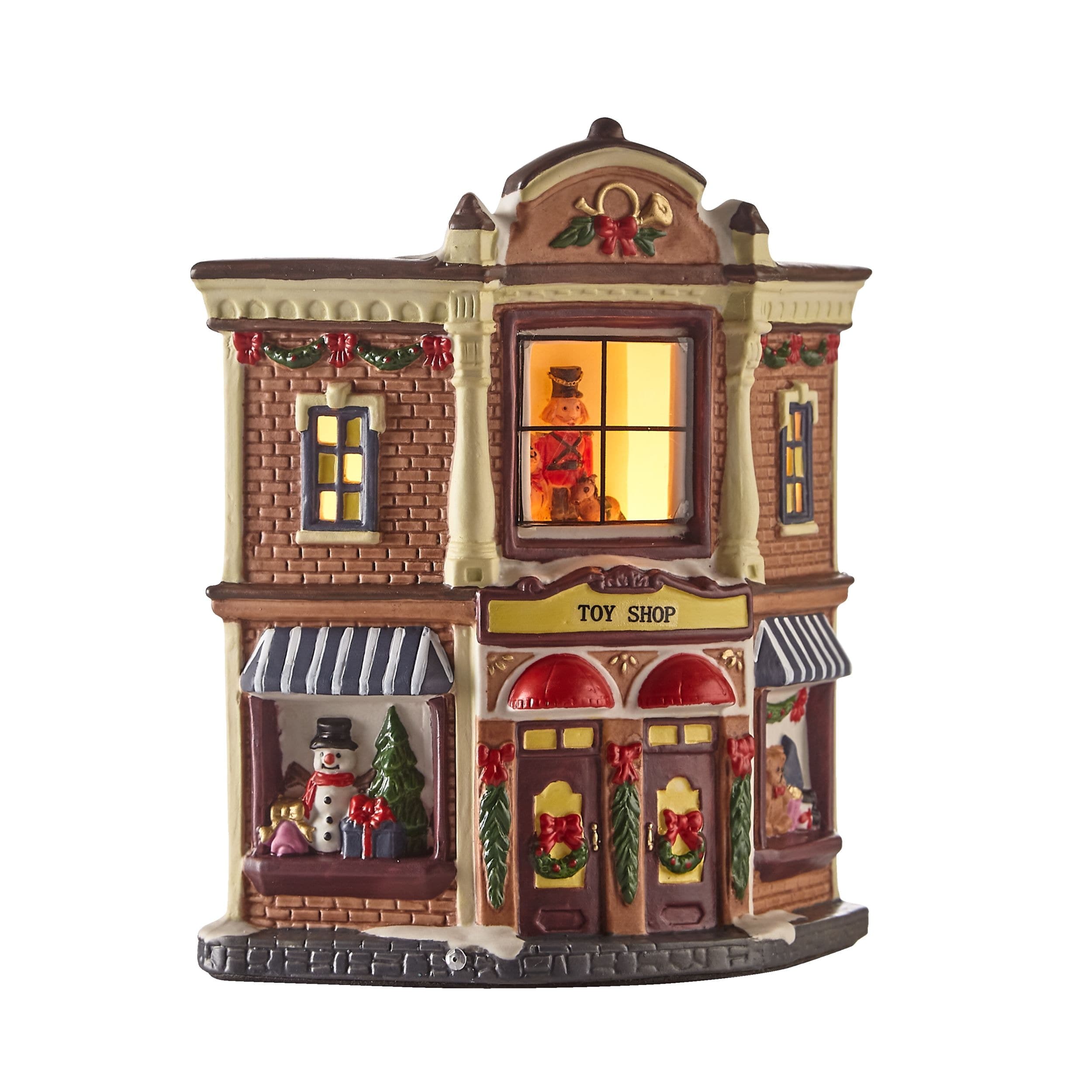 For Living LED Porcelain Christmas Village Toy Shop Decoration Set, 6-1/2-in
