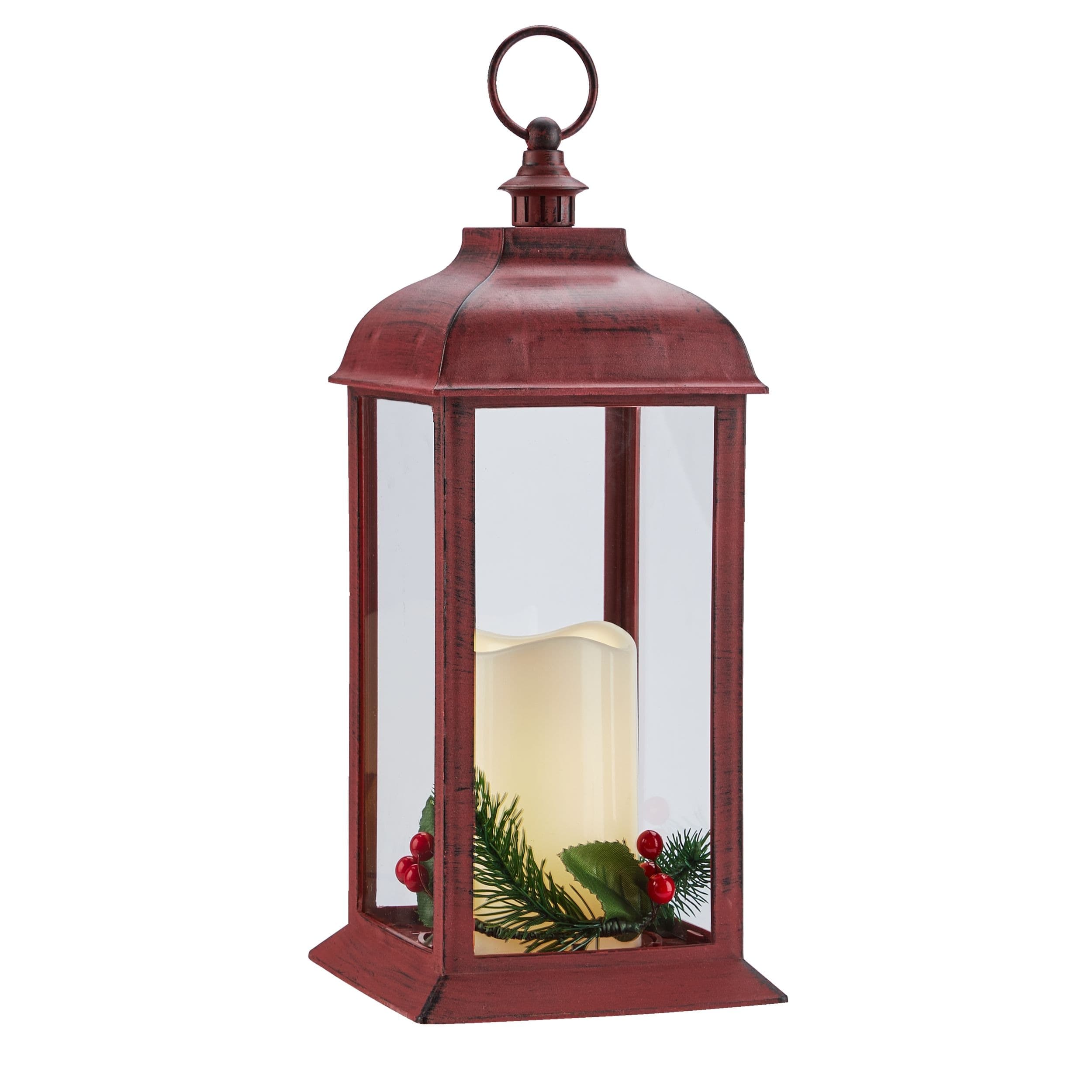 CANVAS LED Christmas Decoration Lantern, with Faux Candle, Red, 12-in