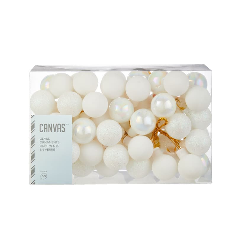 CANVAS White Collection Glass Cluster Christmas Ornament Set, White, 1-in, 60-pc
