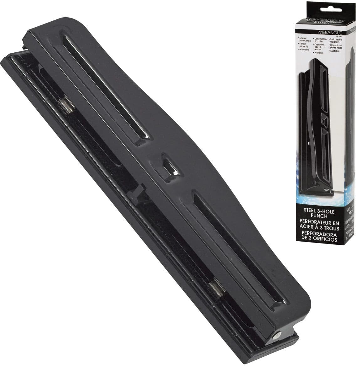Merangue Steel 3-Hole Punch, 8-Sheet Capacity, Adjustable, Black