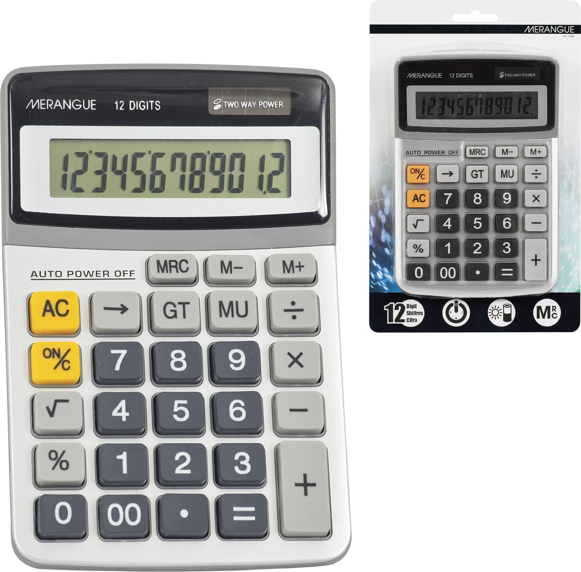 Merangue 12-Digit Standard Function Desktop Calculator, Dual Powered